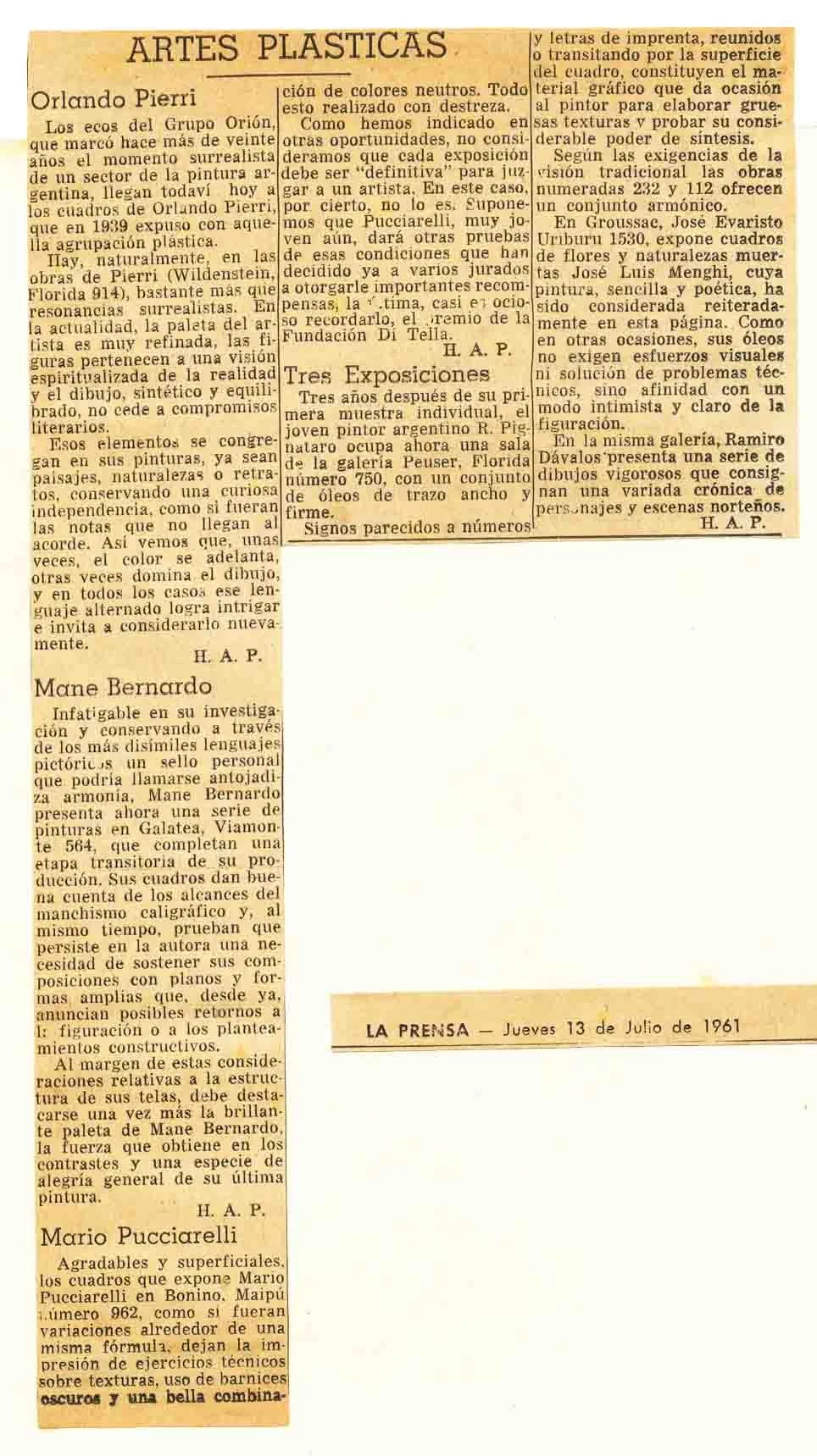 Hugo A. Parpagnoli. “Artes Plásticas.” La Prensa (Buenos Aires), July 13, 1961 — section referring to Roberto Pignataro, Galería Peuser, Florida 750.