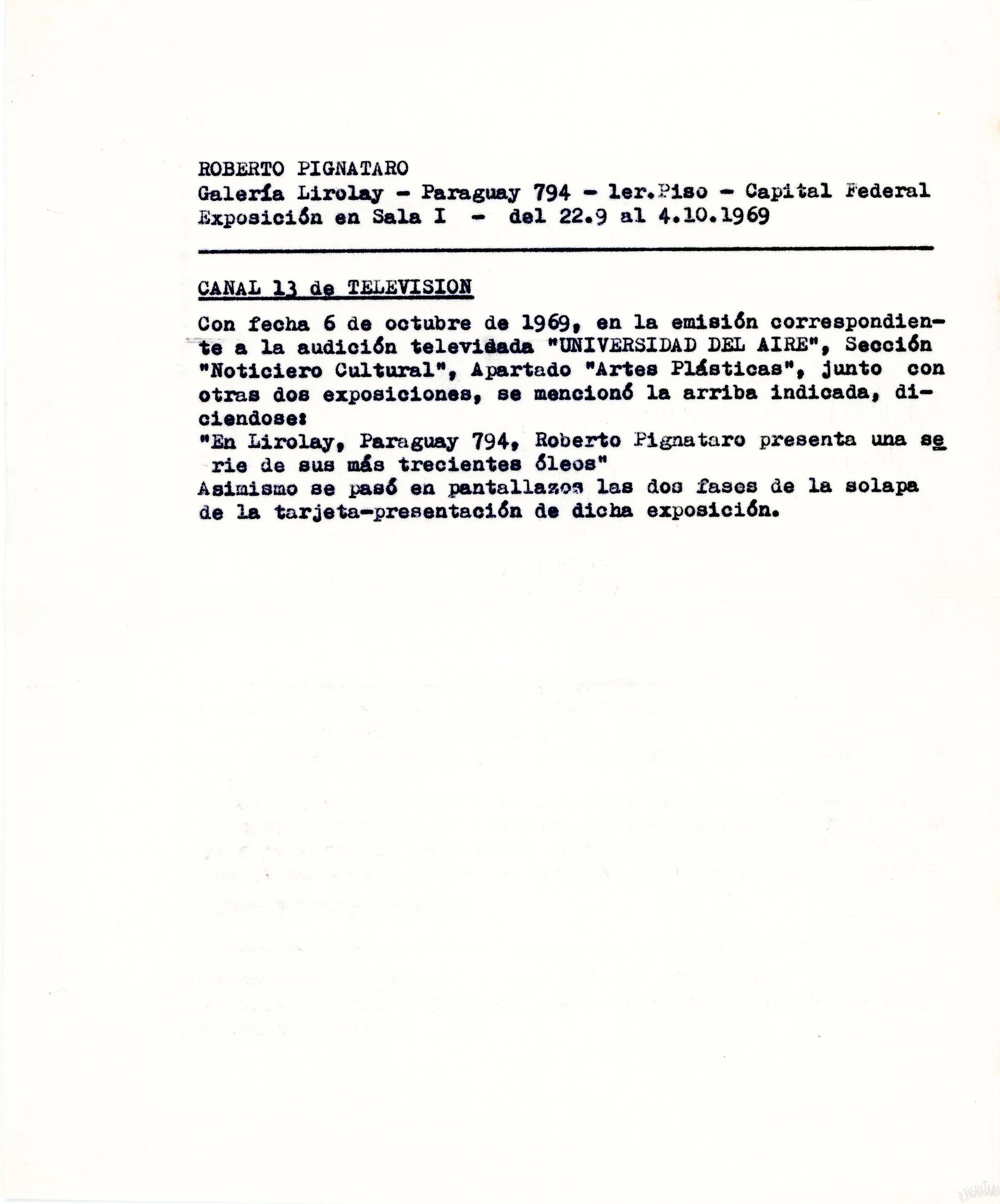 Archival memorandum recording the mention of Pignataro’s Galería Lirolay exhibition on Canal 13’s Universidad del Aire, broadcast October 6, 1969.