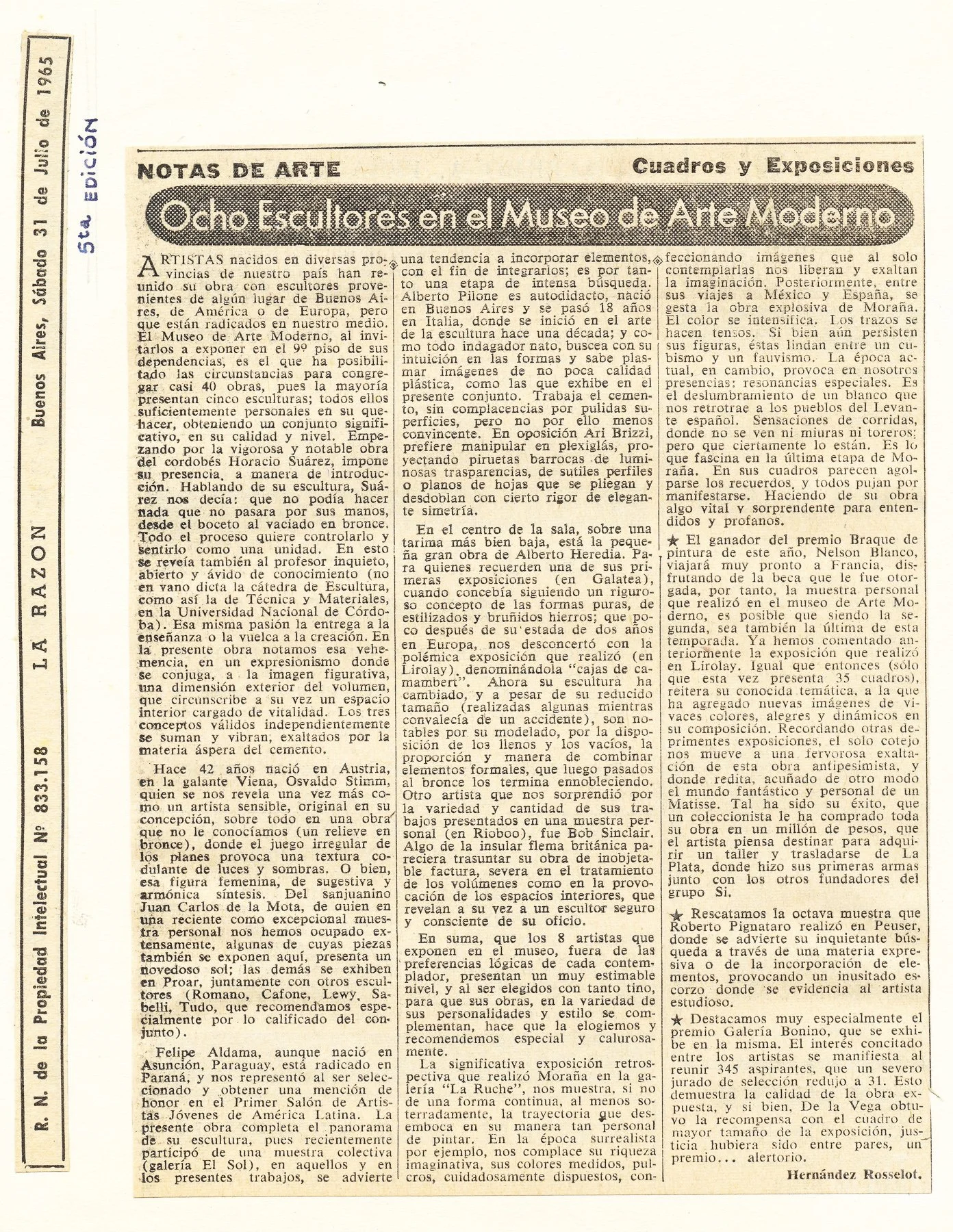 Hernández Rosselot. “Notas de Arte — Cuadros y Exposiciones: Ocho Escultores en el Museo de Arte Moderno.” La Razón (Buenos Aires), July 31, 1965 — section referring to Roberto Pignataro, Galería Peuser (octava muestra).