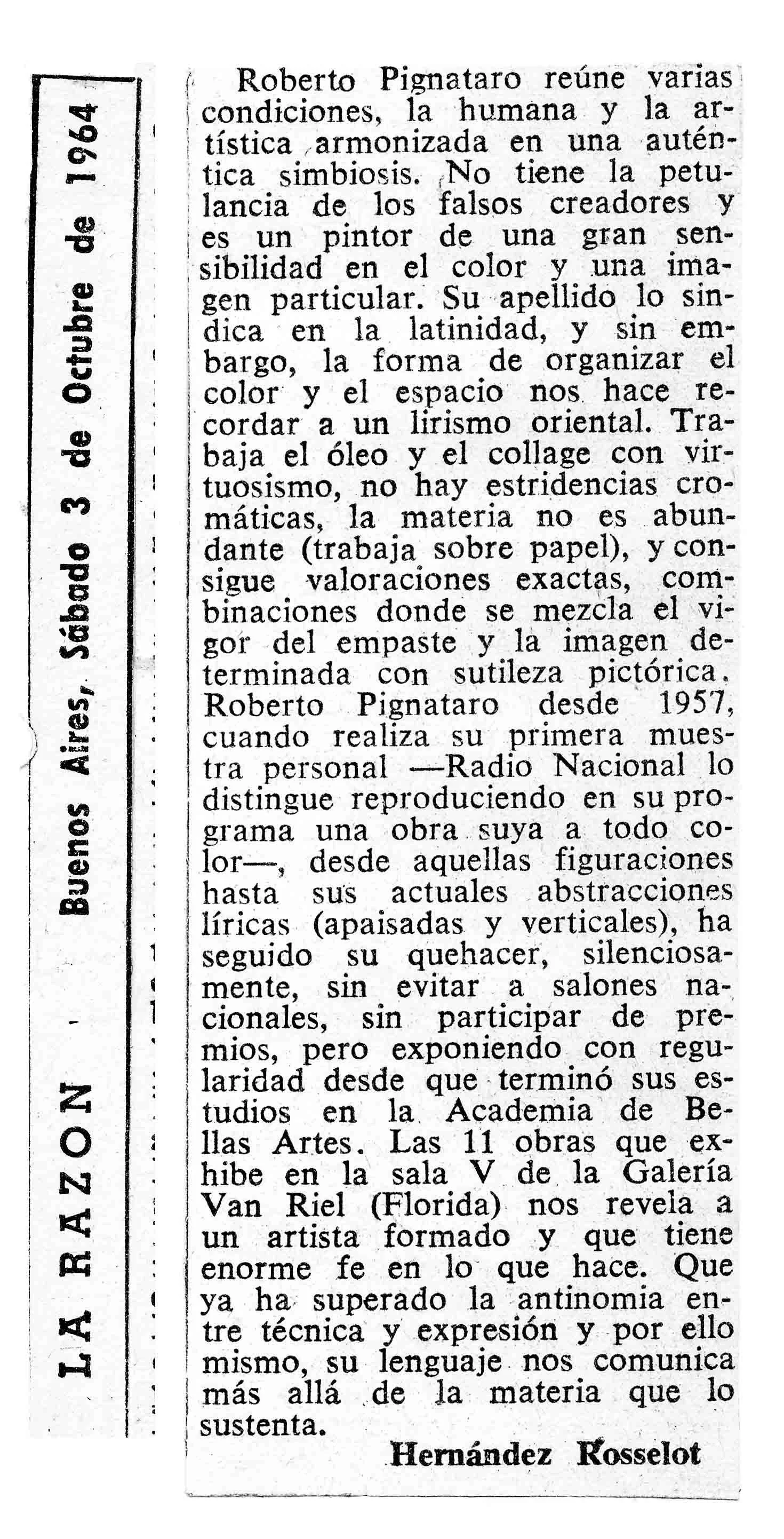 Hernández Rosselot. “Premios en la Bienal Cordobesa.” La Razón (Buenos Aires), October 3, 1964, Notas de Arte — Cuadros y Exposiciones.