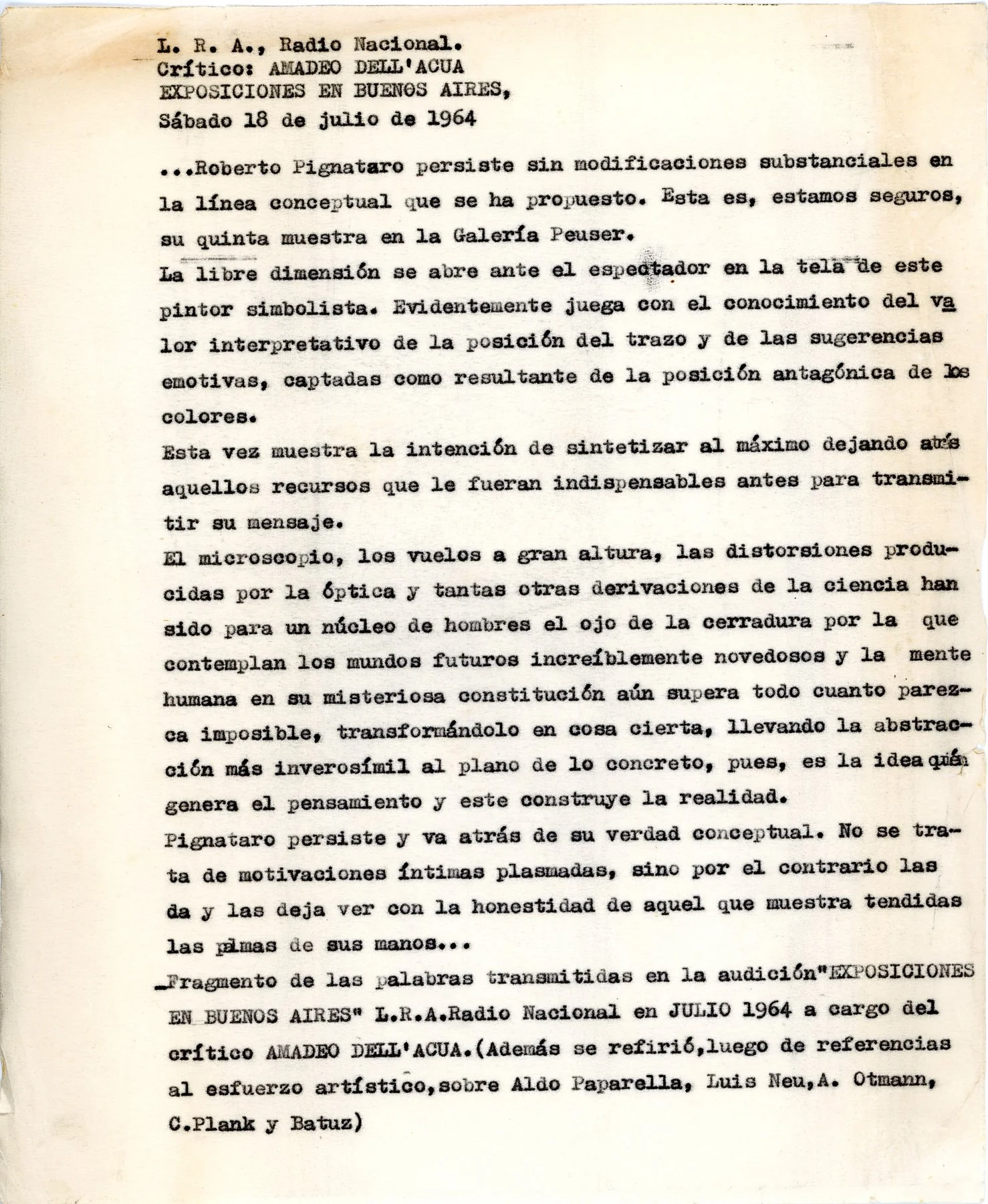 Archive-preserved excerpt from Amadeo Dell’Acqua’s commentary on Pignataro’s 1964 Peuser exhibition, broadcast by LRA Radio Nacional on July 18, 1964. Pignataro Family Archive.