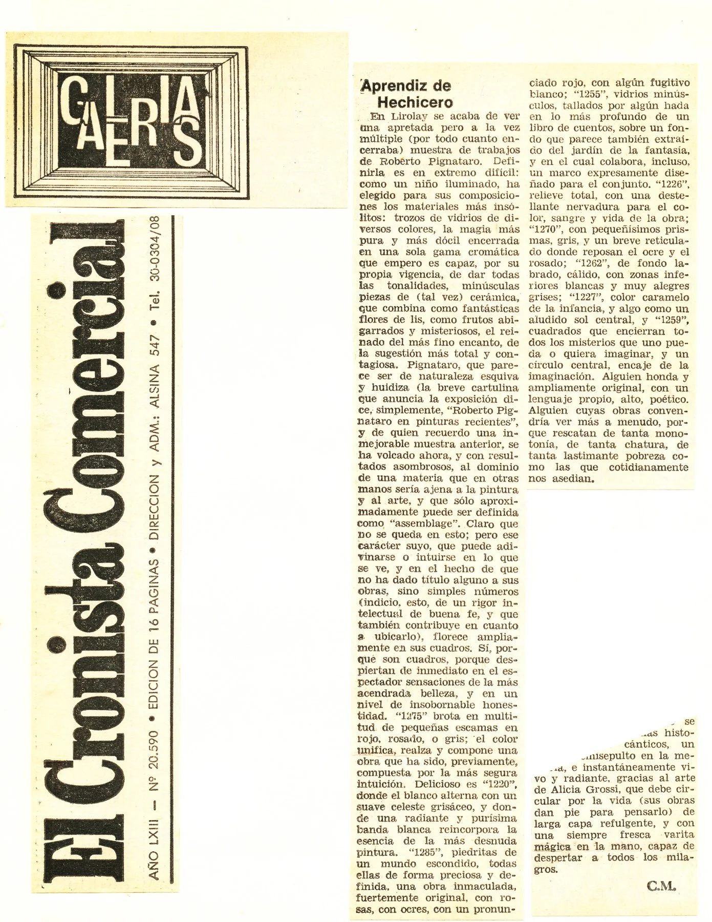 César Magrini, “Apprentice Sorcerer.” El Cronista Comercial (Buenos Aires), no. 20,590, “Galleries” section, September 1970.