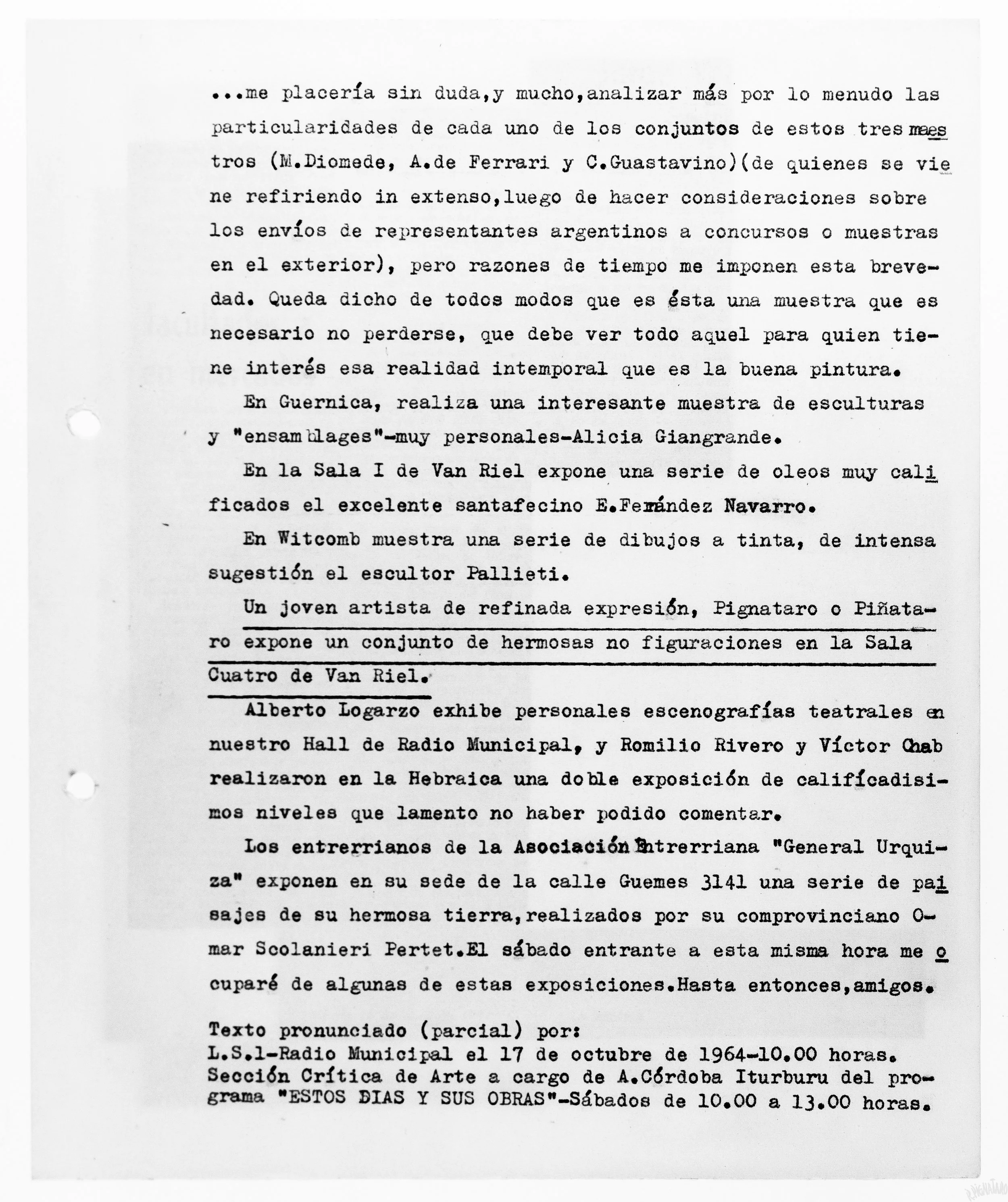 Archival typescript recording Cayetano Córdova Iturburu’s commentary on Pignataro’s Galería Van Riel exhibition, broadcast by LS1 Radio Municipal on October 17, 1961.