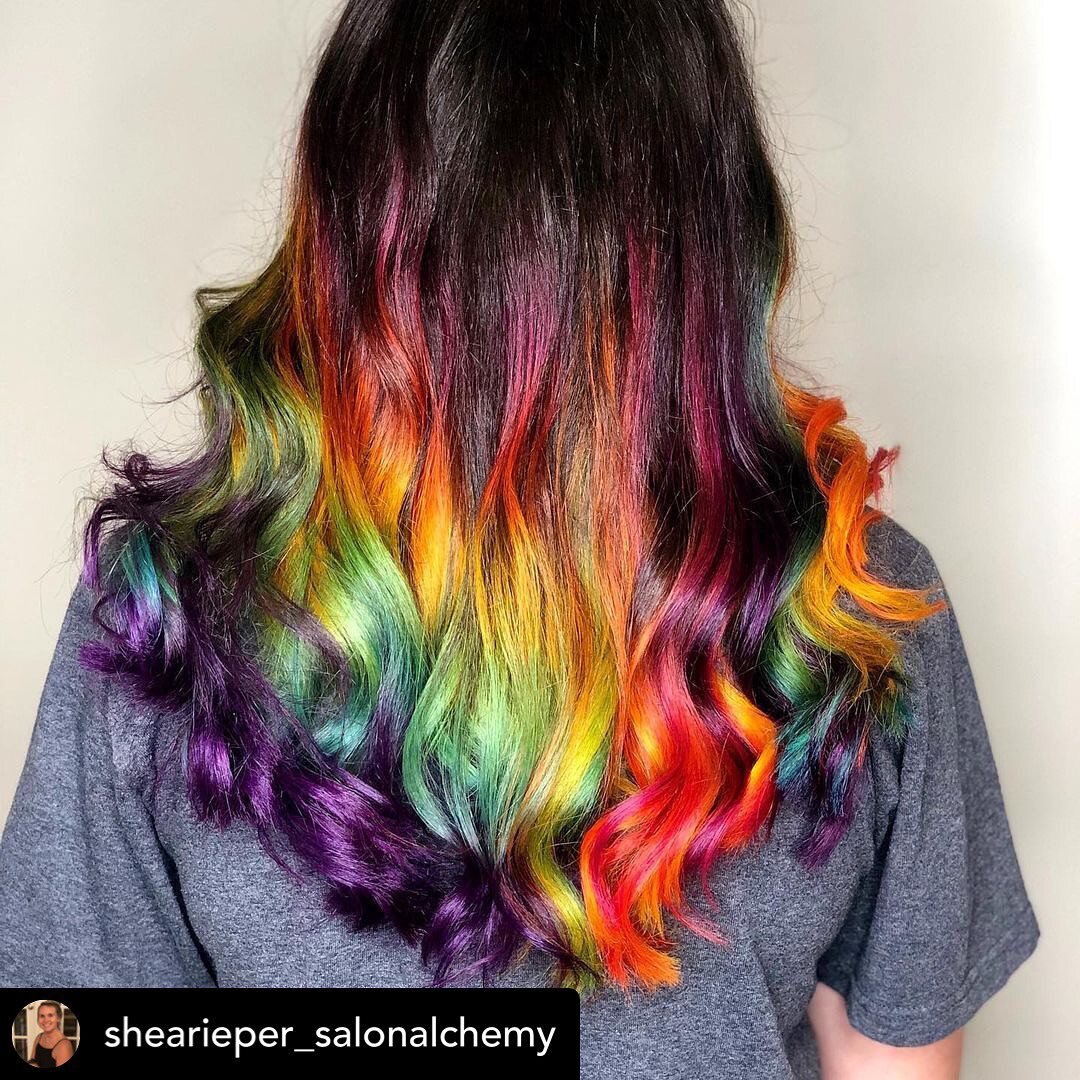 Posted @withregram &bull; @shearieper_salonalchemy Is it ombr&eacute;?? Is it panels?? Nope! It&rsquo;s both!!! 🌈🌈 #rainbow #pulpriot #raleighhairstylists #salonalchemy #tragic #decoy #satire #nuclear #velvet #raibowhair