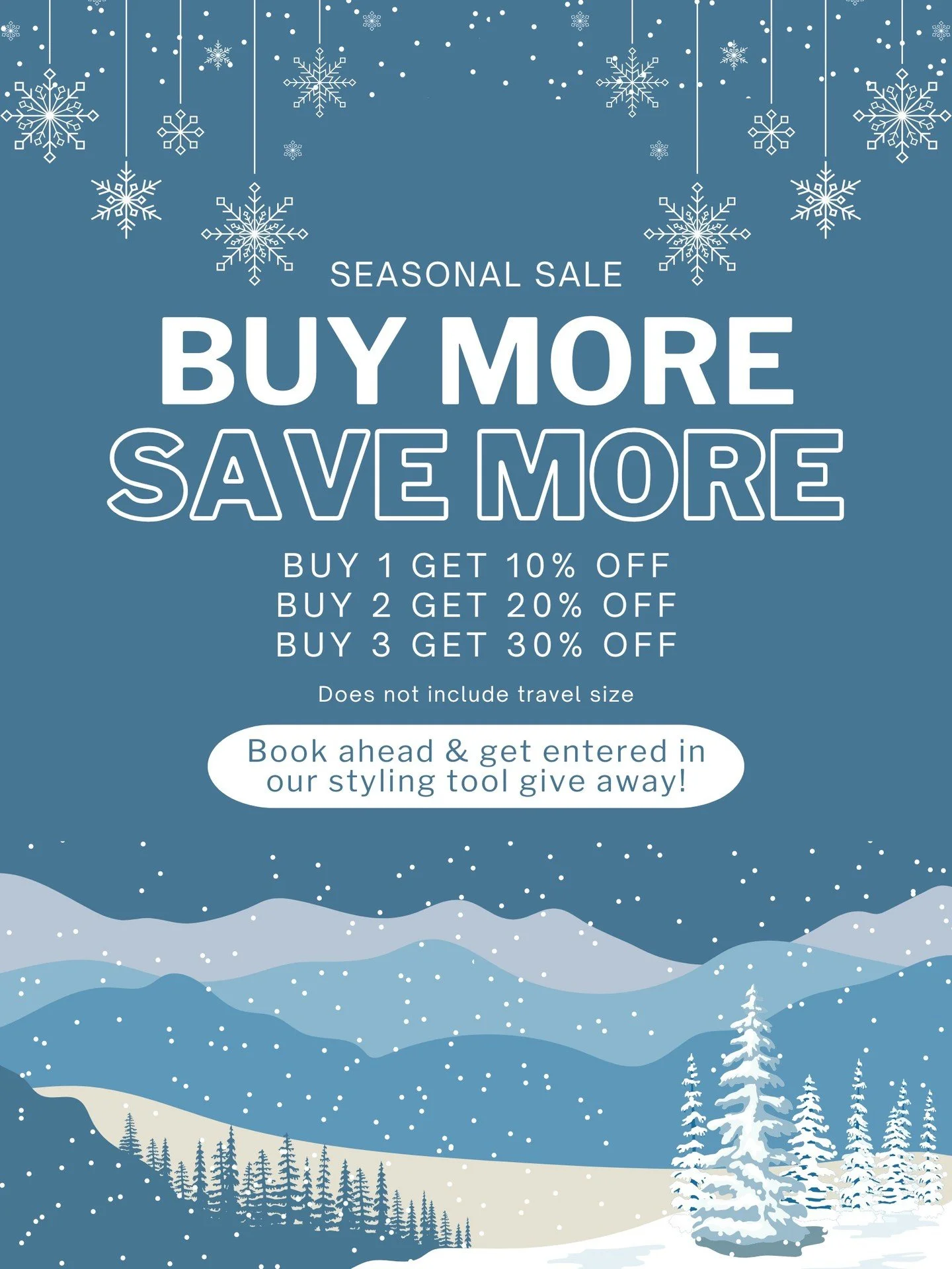 Don't forget we have a great seasonal sale going on in the salon right now! It's a great opportunity to stock up on your favorites or grab a good gift for family and friends. Don't forget to pre-book your next appointment to enter our giveaway for a 