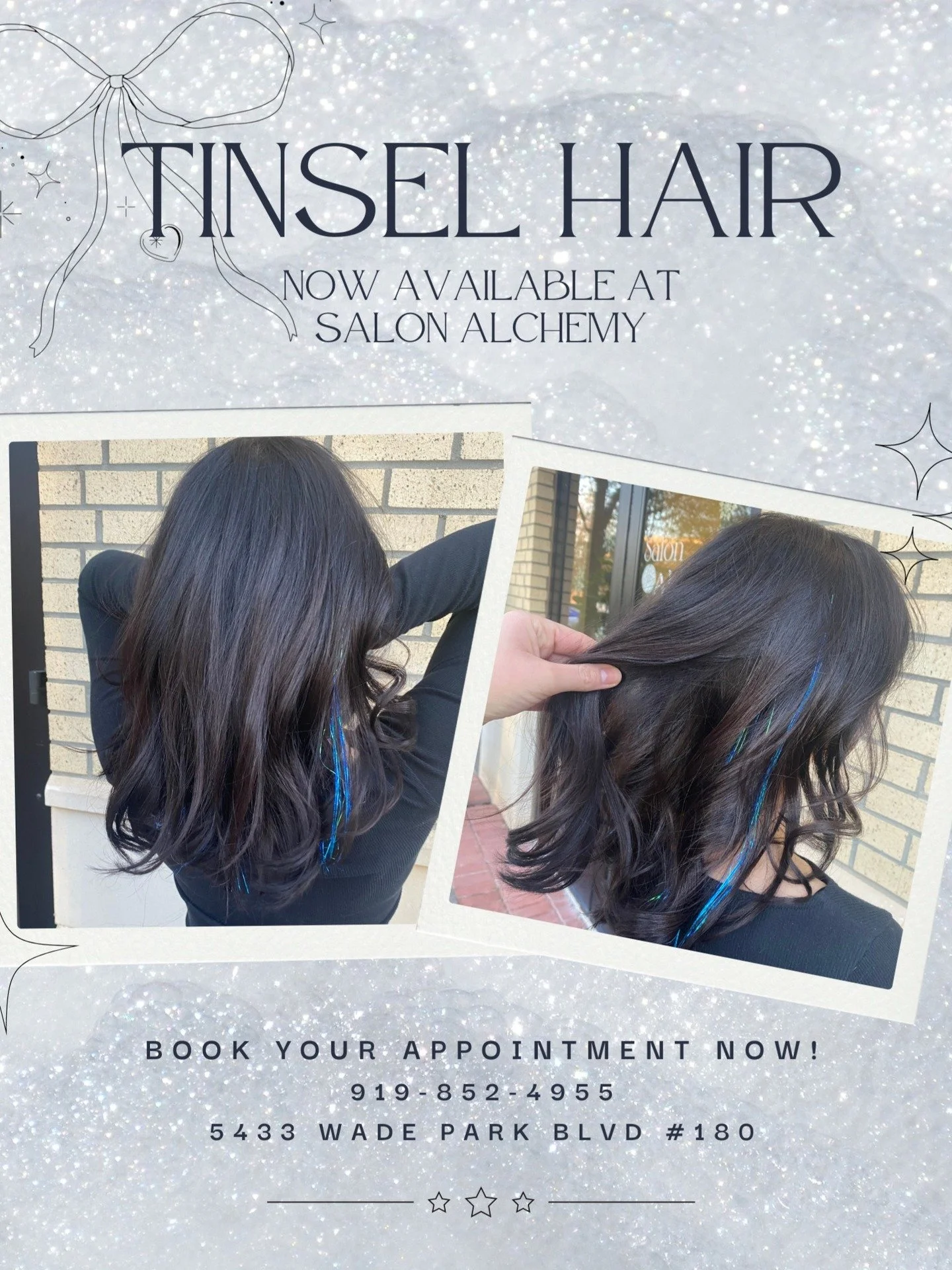 We are so excited to share that we are now offering tinsel hair as a service at Salon Alchemy! Give us a call or DM us to book or ask any questions. #raleighsalon #raleighhairsalon #raleighlocalbusiness #hairsalon #raleighhairstylist #tinselhair #tin