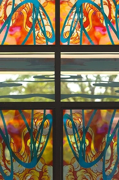 NUVOLOMONDO , Central Window detail. Duraclear prints, vinyl, wall painting. 2005 photo credit: Peter Harris