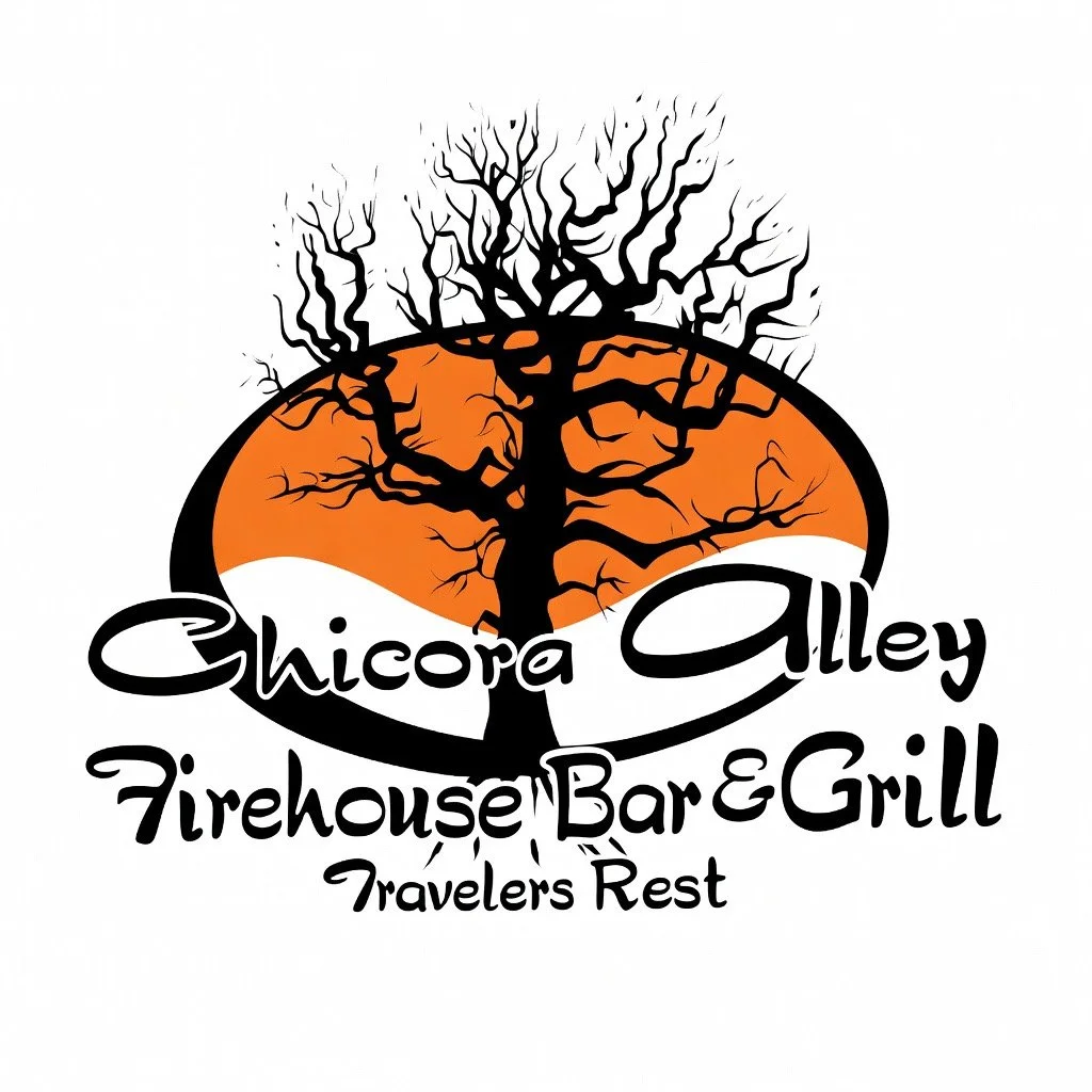 Logo for Chickora Alley Firehouse Bar & Grill featuring a black leafless tree with an orange background and stylized text 'Chickora Alley Firehouse Bar & Grill Travelers Rest'.