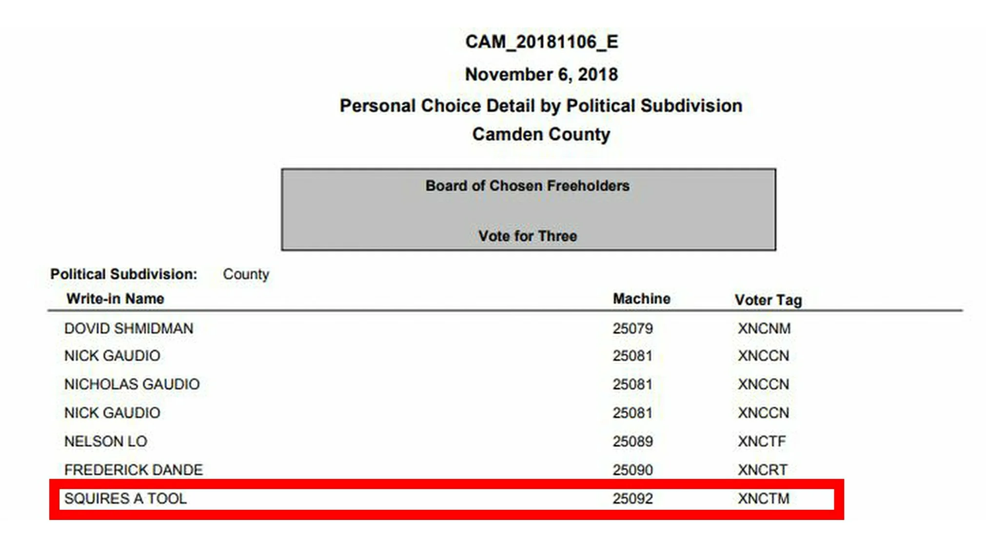 One Camden County voter was original in their displeasure of Vincent Squire.
