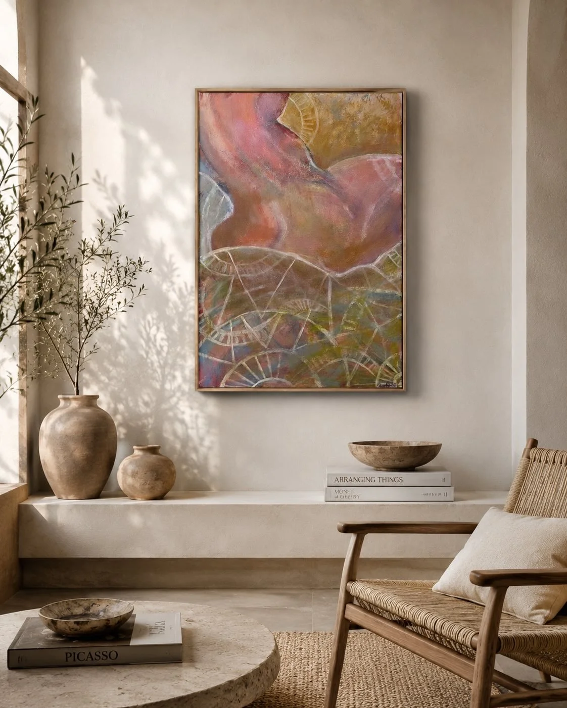 Some paintings arrive quietly.
Others feel like they&rsquo;ve been waiting for you.

This piece became a study in softness, memory, and the invisible structures we carry beneath the surface. I wanted the layers to feel almost bodily &mdash; like emot