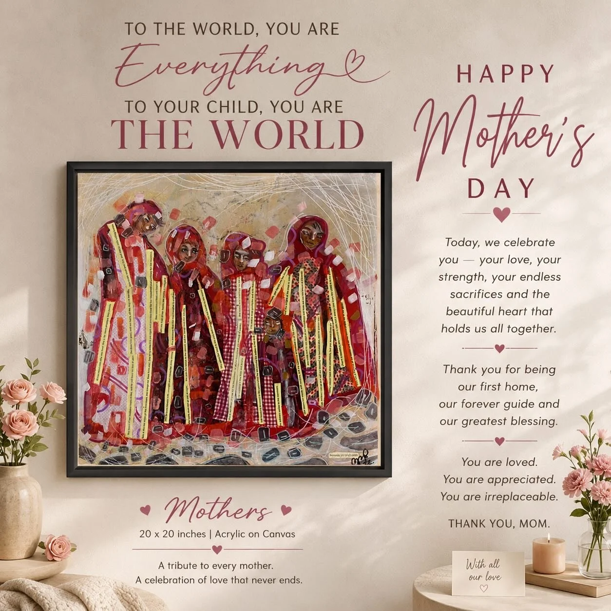 Motherhood is one of the quiet miracles of the world.
The endless giving. The carrying. The praying. The strength that often goes unseen.

This painting, Mothers, was created as a tribute to the women who hold generations together with love, sacrific