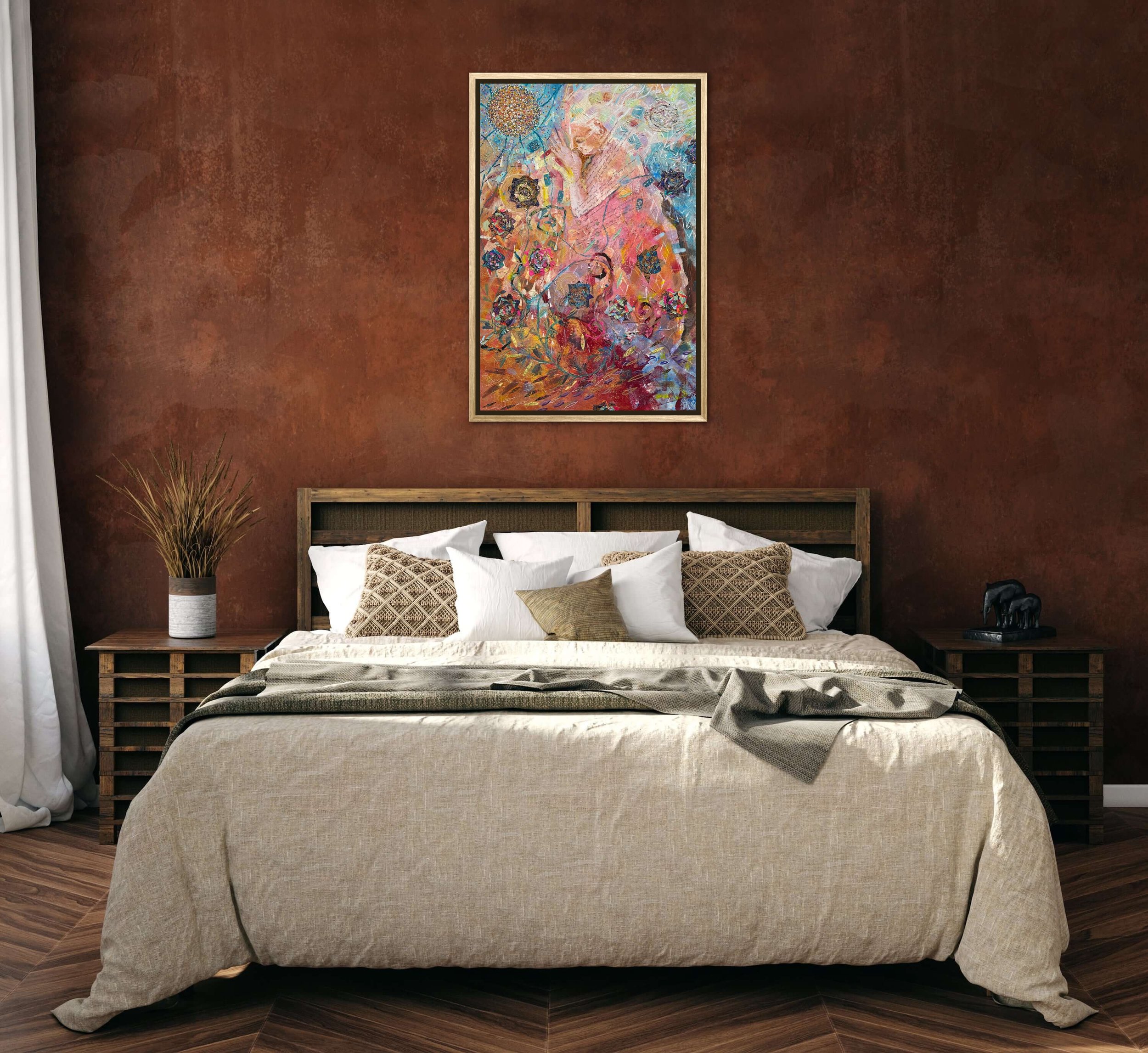 A bedroom with a brown textured wall. A colorful abstract painting hangs above the bed. The bed has white pillows and a beige bedspread. There are two wooden nightstands on each side, with a plant on the left and a black decorative object on the right. The floor is wooden with a dark finish.