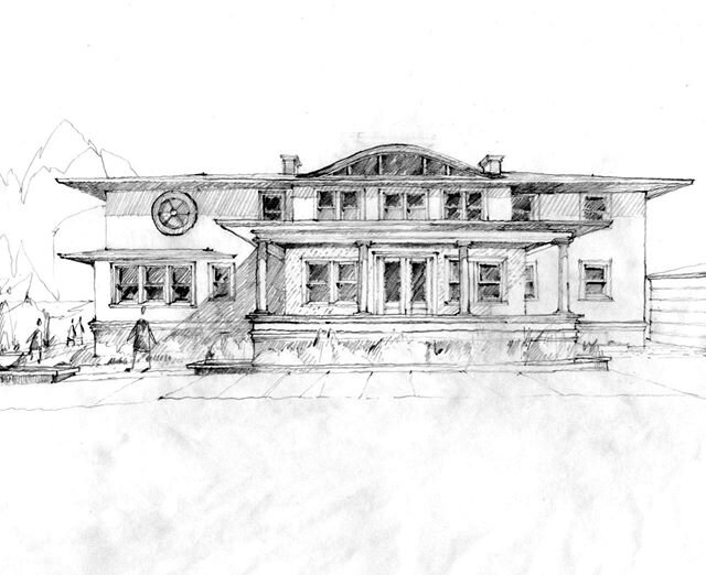 Just rounding the final turn on a Schematic Design for the Rosary Center in NE Portland. We are preparing for Design Review and proposing a new bay extension with classic porch for a Bookstore that opens the West lawn. The eyebrow window conceals a n