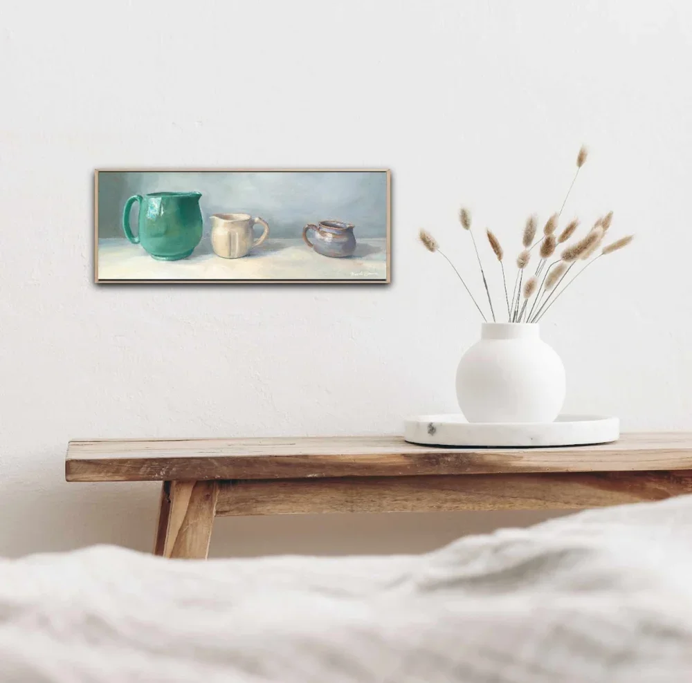 Jug disagreement framed in oak and positioned above a wooden bench with soft linens.webp