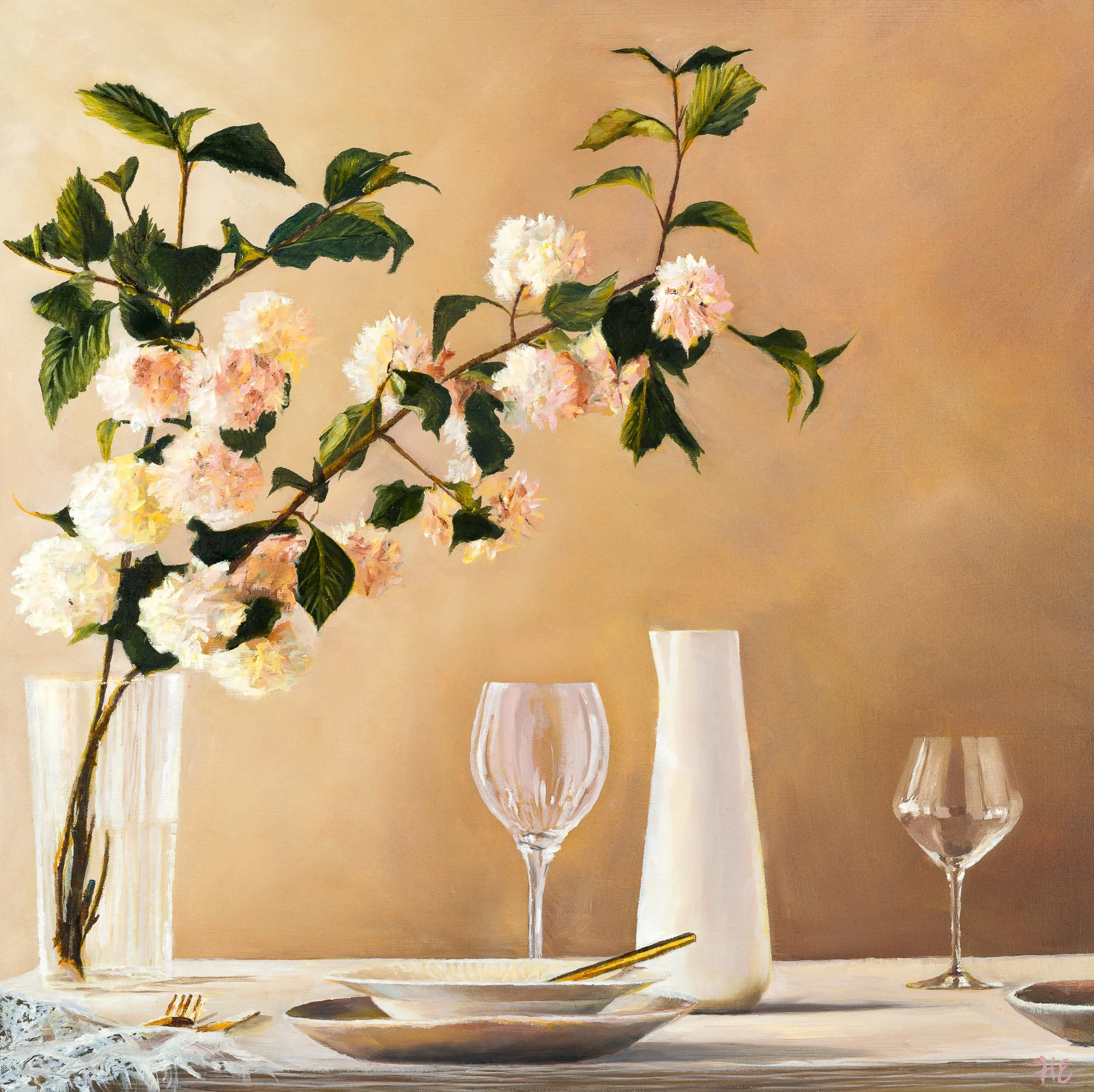 Time to Gather fine art print by Heidi Emma featuring a flowering branch, glassware and white ceramics arranged on a table in warm natural light.