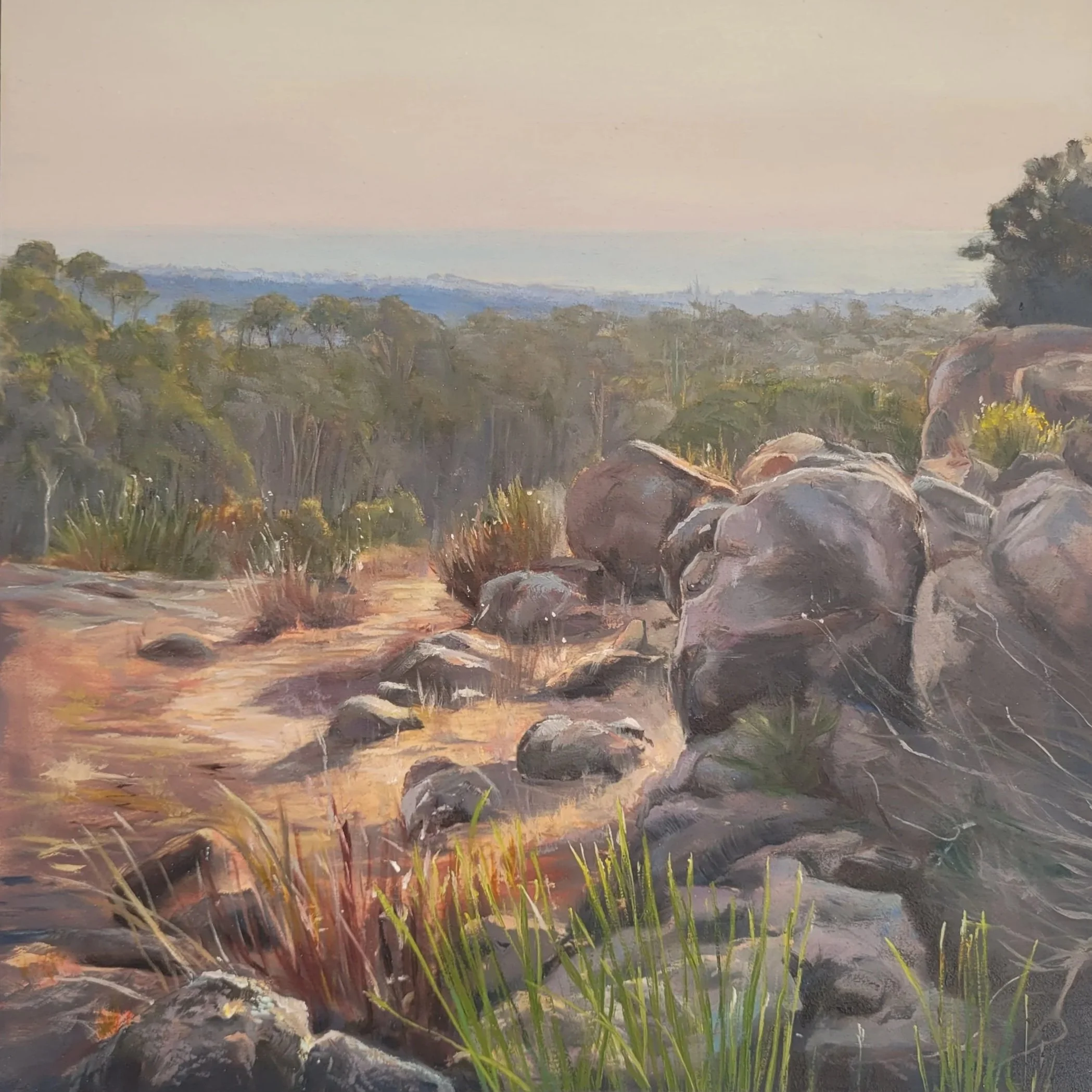 Early Morning original oil landscape painting by Heidi Emma showing Big Rock near Dunsborough overlooking bushland towards Geographe Bay.