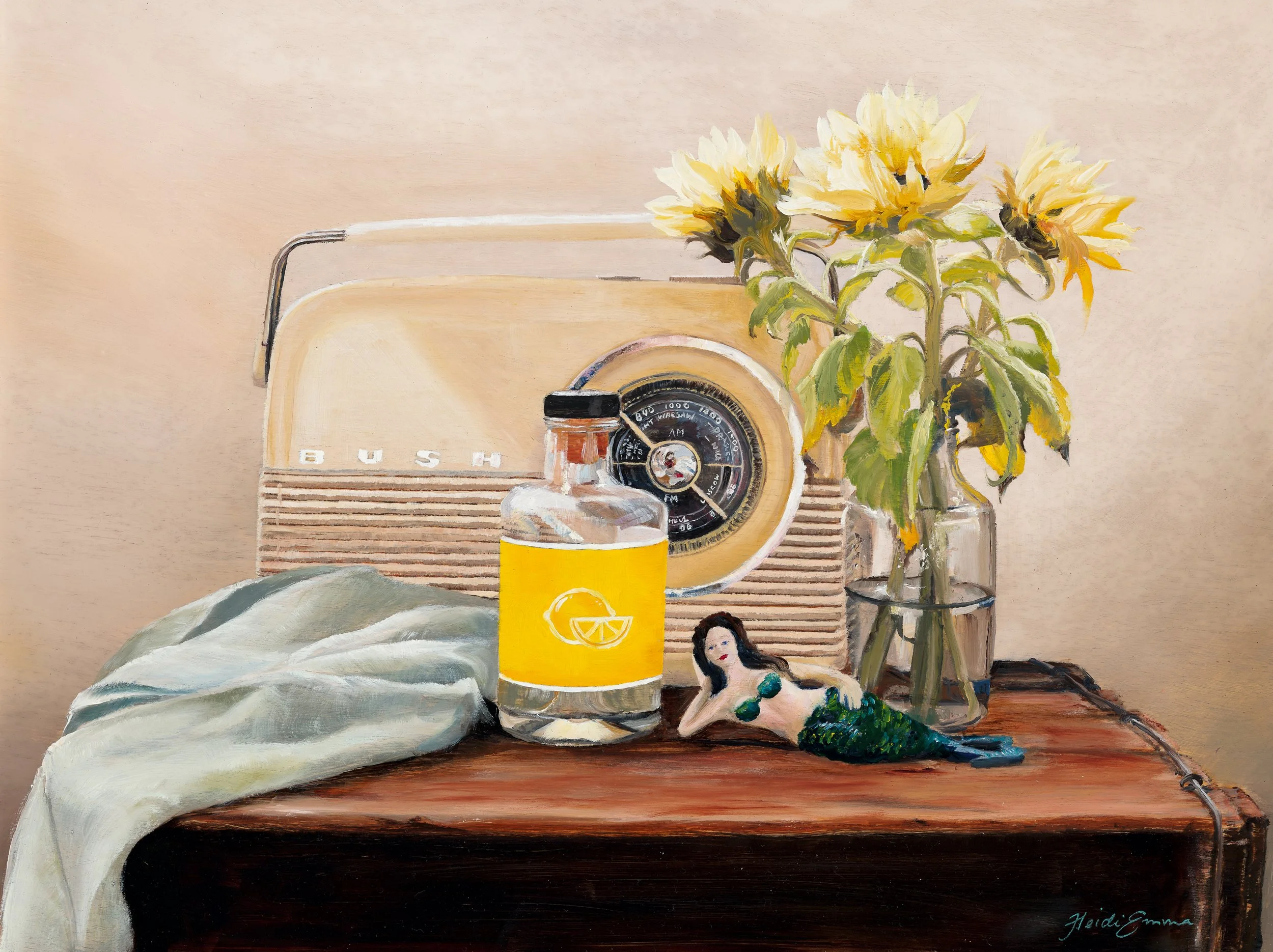 Rachel’s Things fine art print by Heidi Emma featuring a vintage radio, sunflowers in a glass jar, candle and treasured objects arranged on a wooden surface.