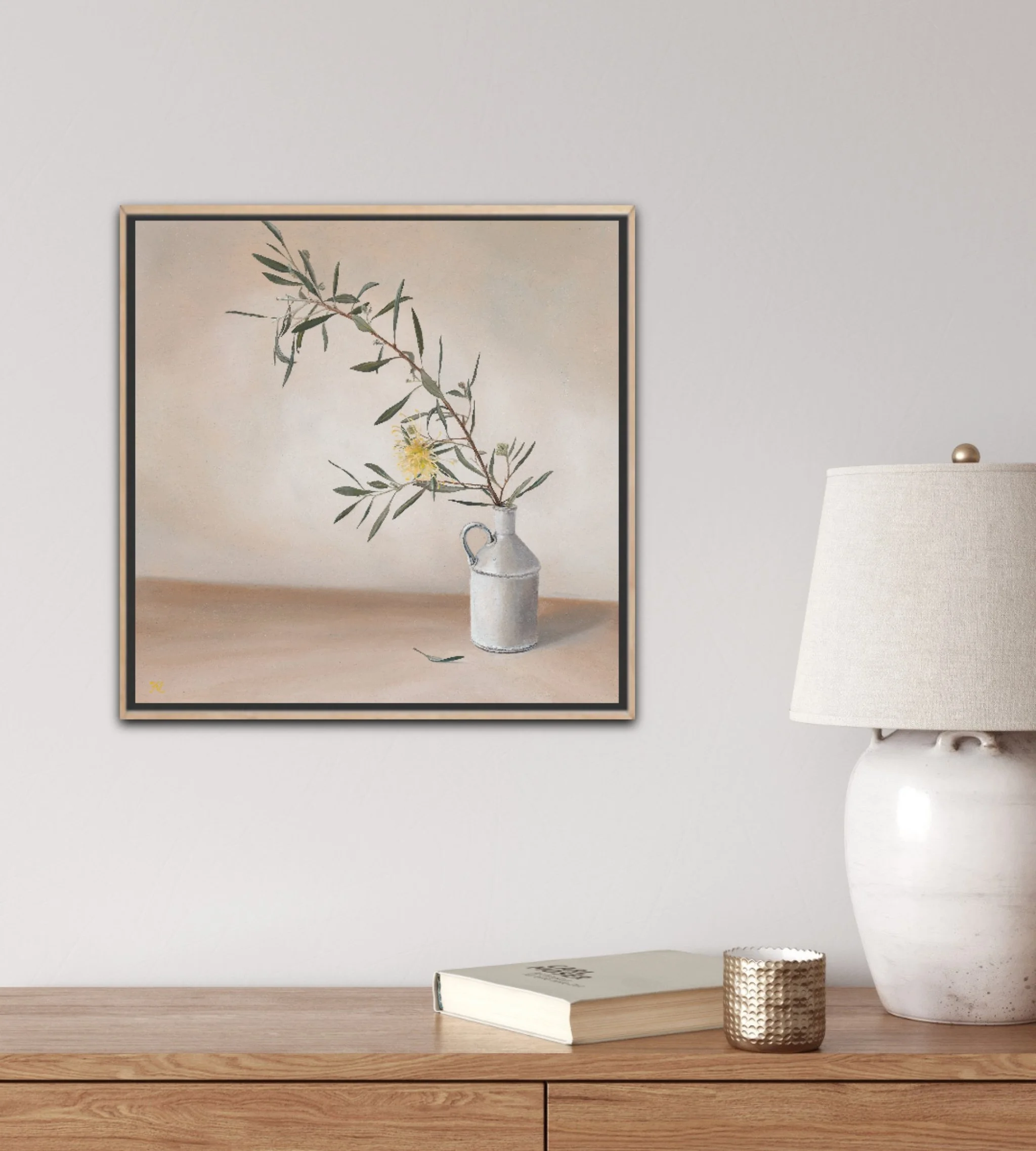 To My Knees May I Fall framed print by Heidi Emma on a neutral wall next to a white class style lamp
