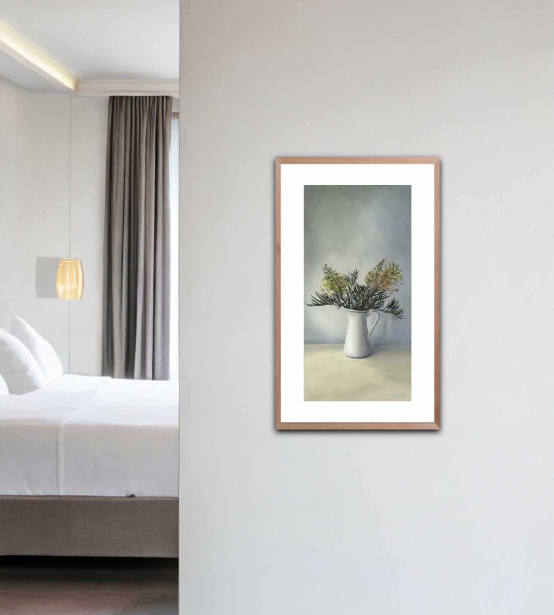 Grevillea print by Heidi Emma on a neutral wall leading to a bedroom