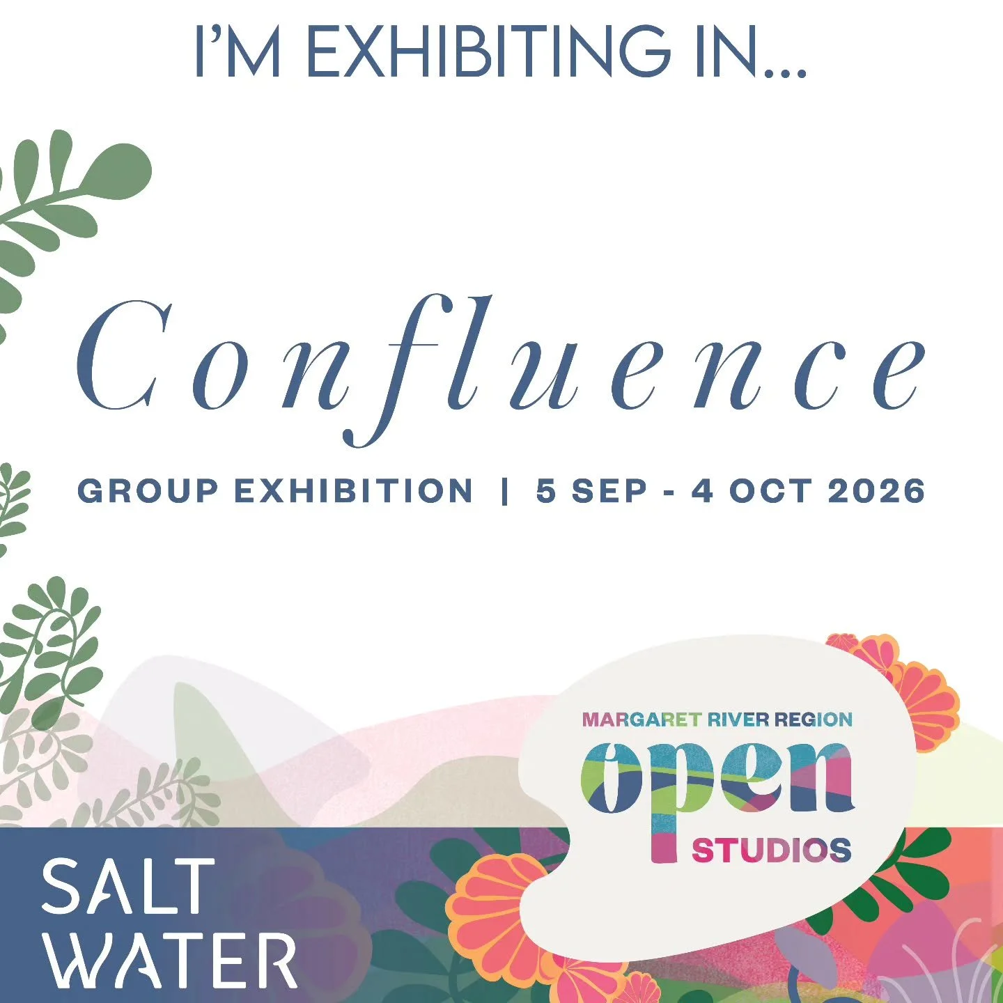 I'm delighted to be exhibiting in Confluence, a joint initiative with Margaret River Region Open Studios and Saltwater Gallery, Busselton.

The exhibition brings together more than 80 artists, each showcasing a single work that offers a glimpse into 