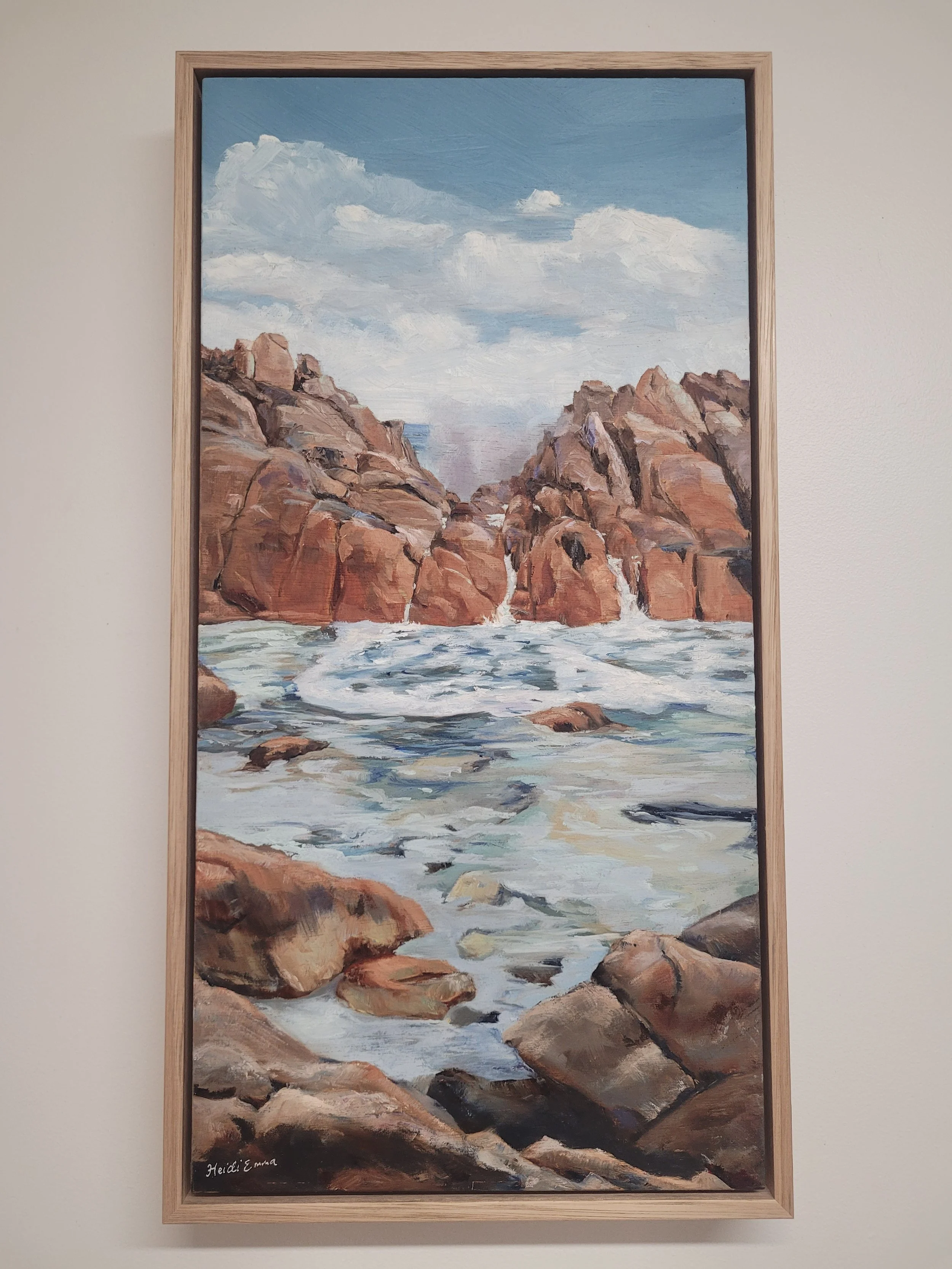 Anticipation is an oil painting of Indijup Spa in Marget River here shown in its raw tasmanian oak shadow box frame