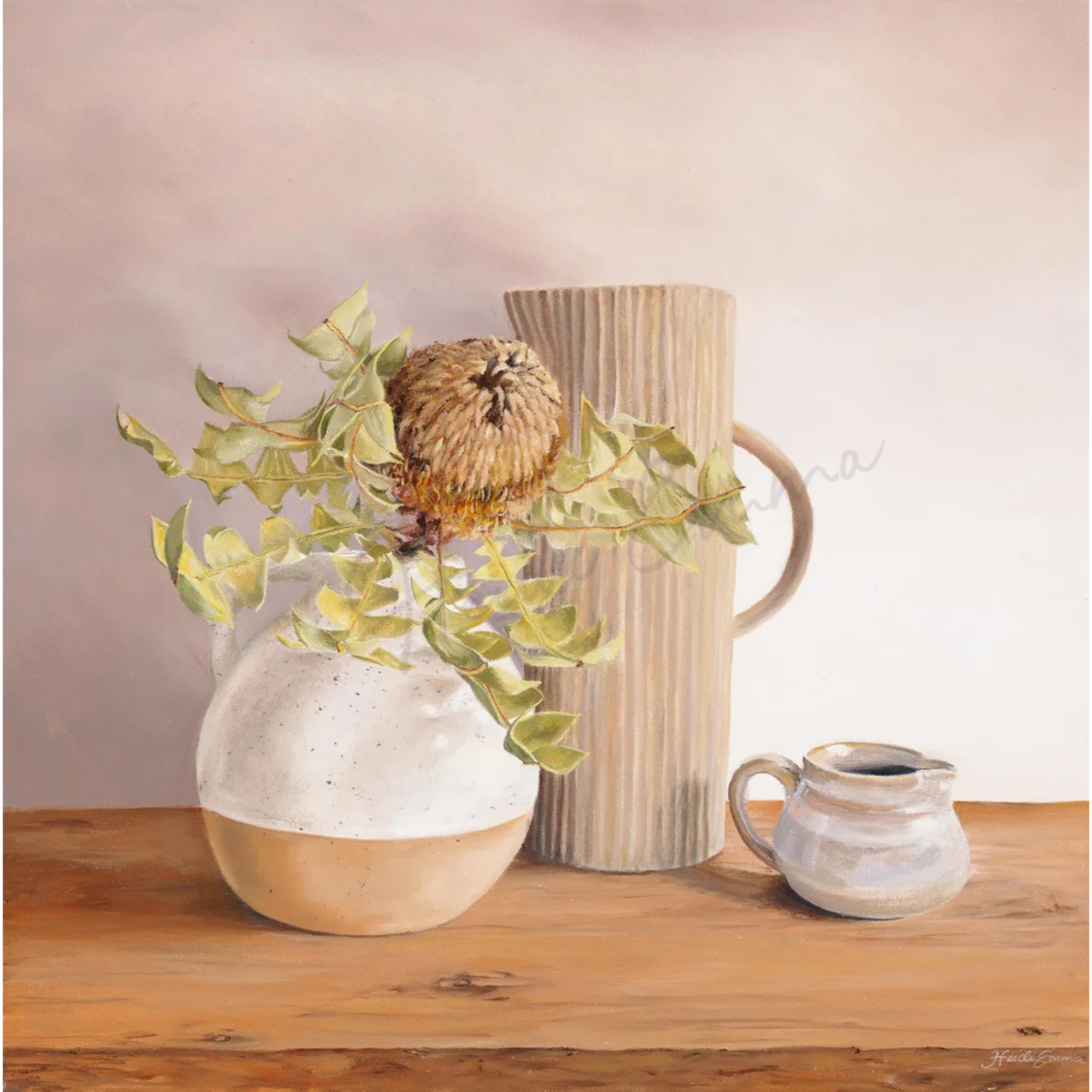 Square Botanical print of artwork by Heidi Emma titled The Gathering, featuring 3 vessels and one Banksia stem