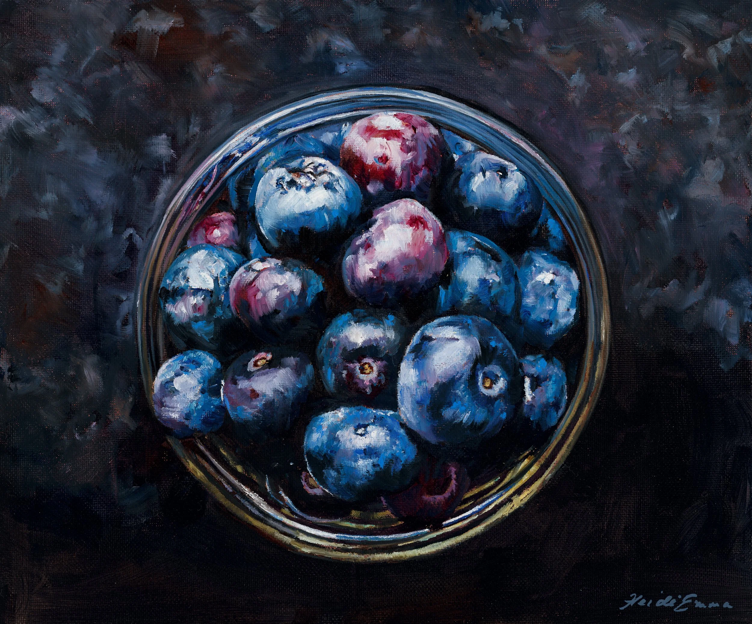 Berries III original oil painting by Heidi Emma featuring blueberries in a reflective metal bowl against a dark, atmospheric background.