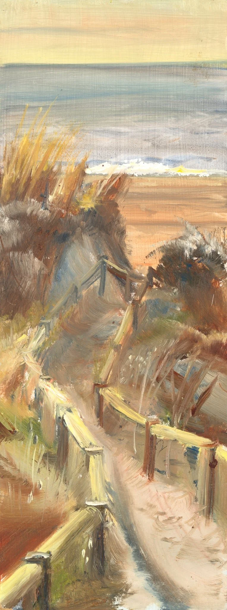 Dusk Dunes fine art print by Heidi Emma depicting a sandy path and timber railings winding through coastal dunes towards the ocean at dusk.