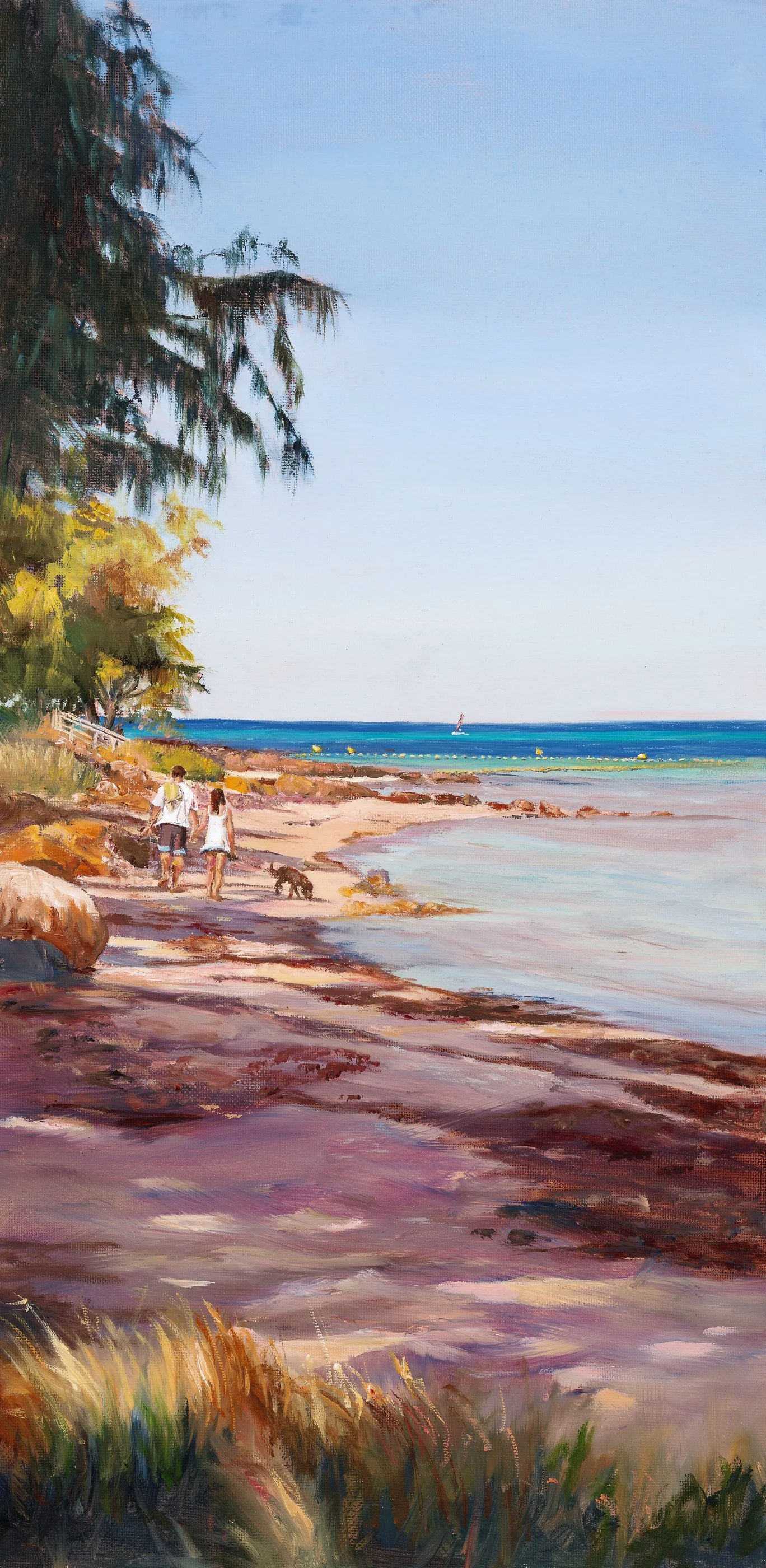 Where Shall We Wander is an old painting by Heidi Emma that features a couple and their dog enjoying the shallow waters in Beach Road in Dunsborough