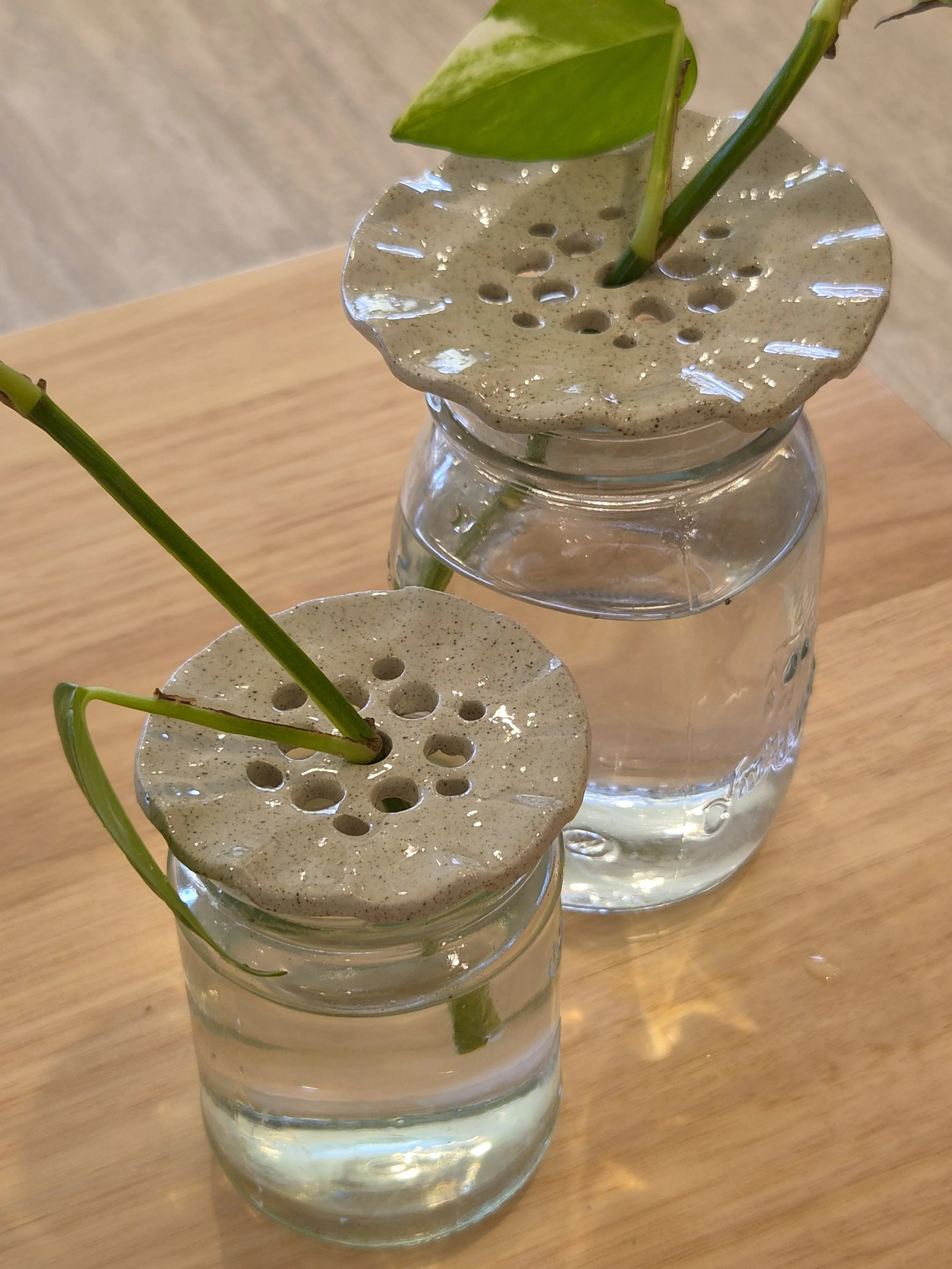Cinnamon and Sugar handmade ceramic propagation rest in a neutral speckled glaze for growing plant cuttings in water, by My Earthy Life.