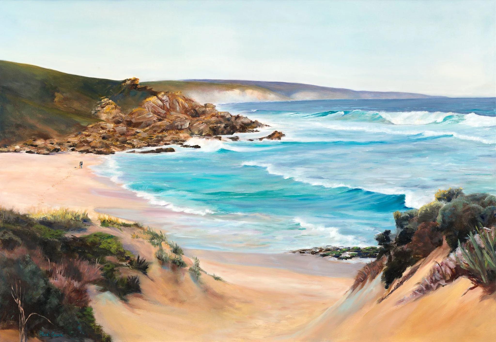 To Connect with you is life is a large atmospheric tonal impressionist landscape by Heidi Emma that features a couple walking on the beach at Moses Rock in Margaret River