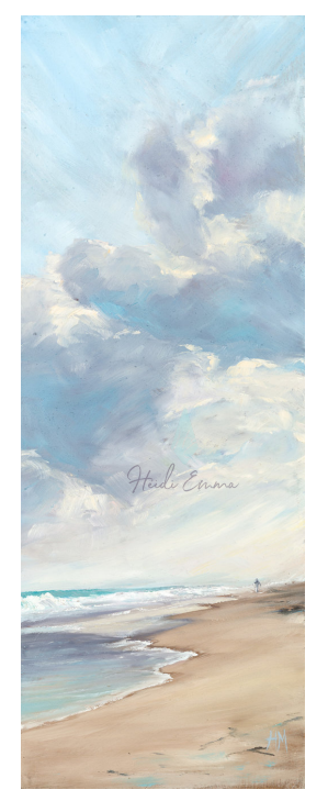 Serenity features a lone figure walking along the shoreline with towering clouds above bathed in sloft light