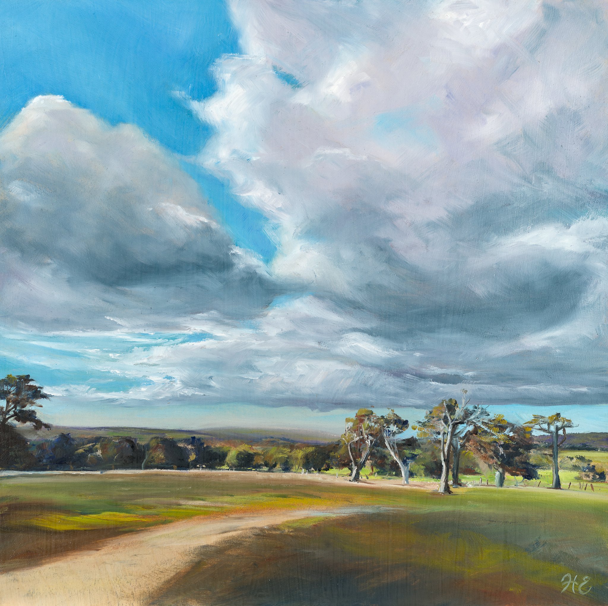 Farmland at Wyadup is an oil painting by Heidi Emma and features lots of sky and a track over a rise
