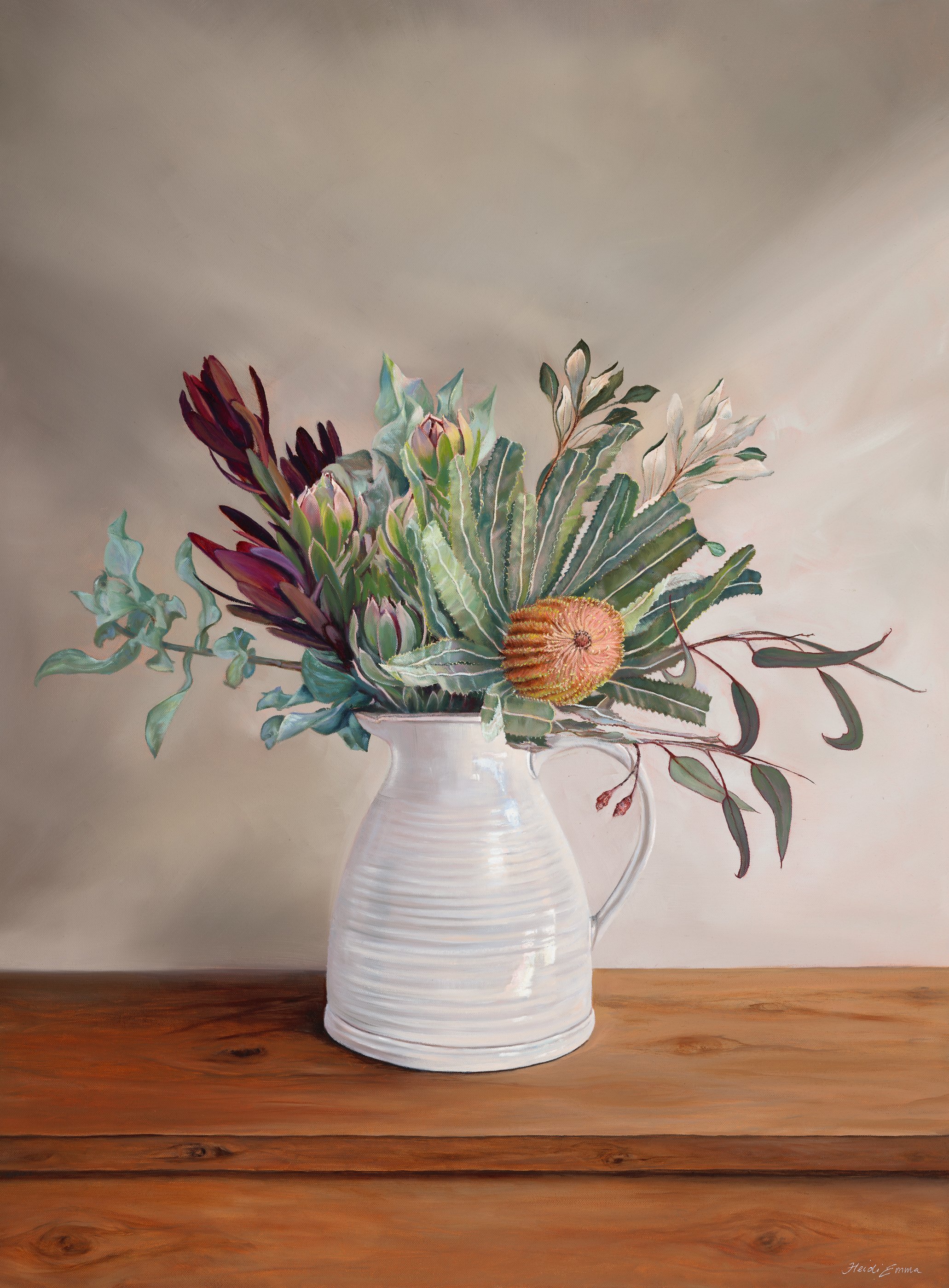 Enduring Beauty, large original oil still life painting by Heidi Emma featuring proteas, banksias and Australian native foliage arranged in a white ceramic jug.