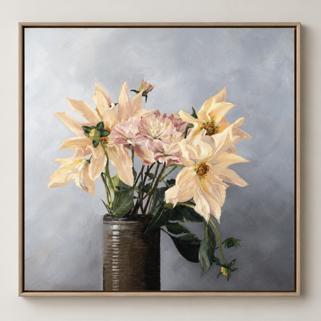 dahlia's in grey framed in oak on a neutral wall.png