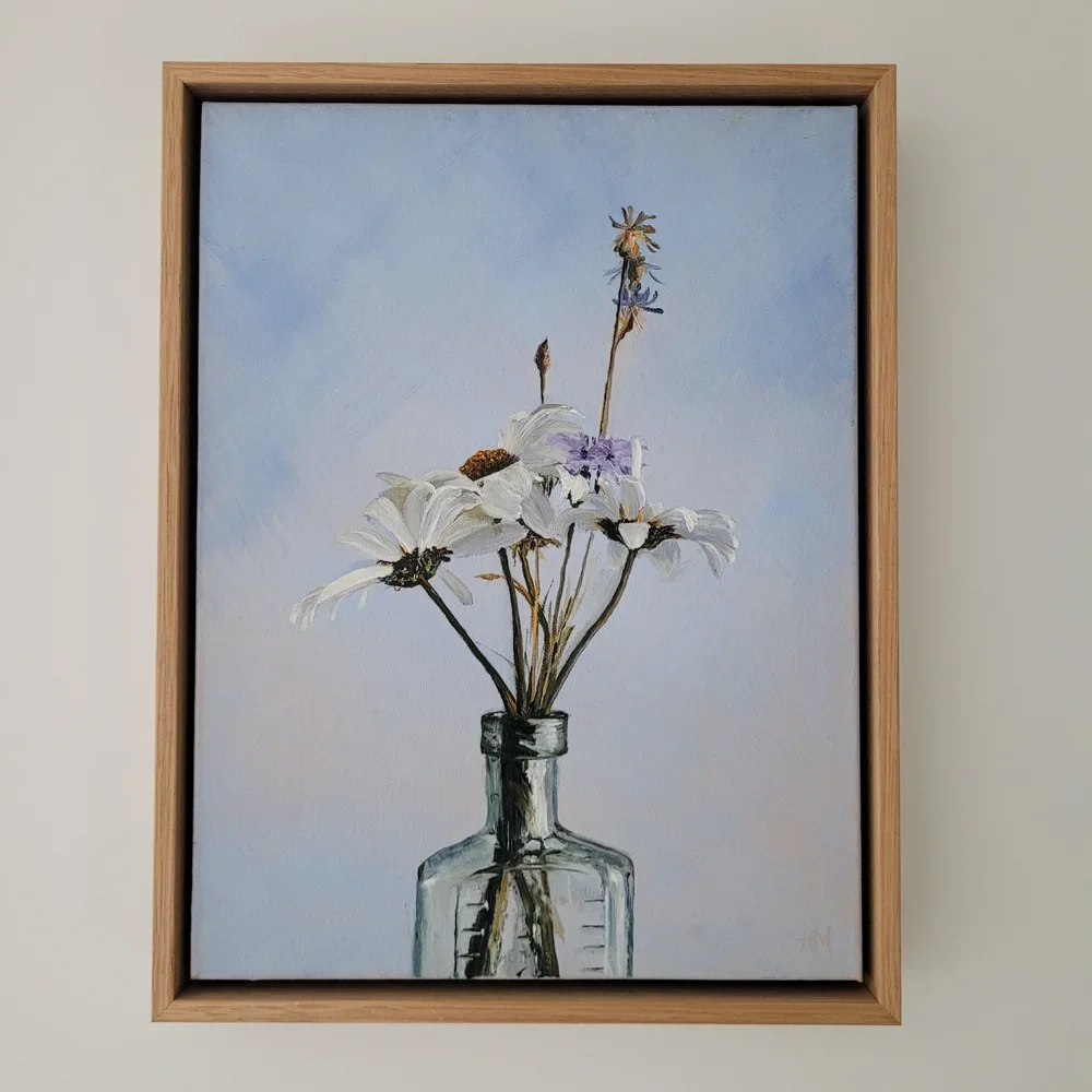 Daisy love framed in oak gallery shadow line frame.