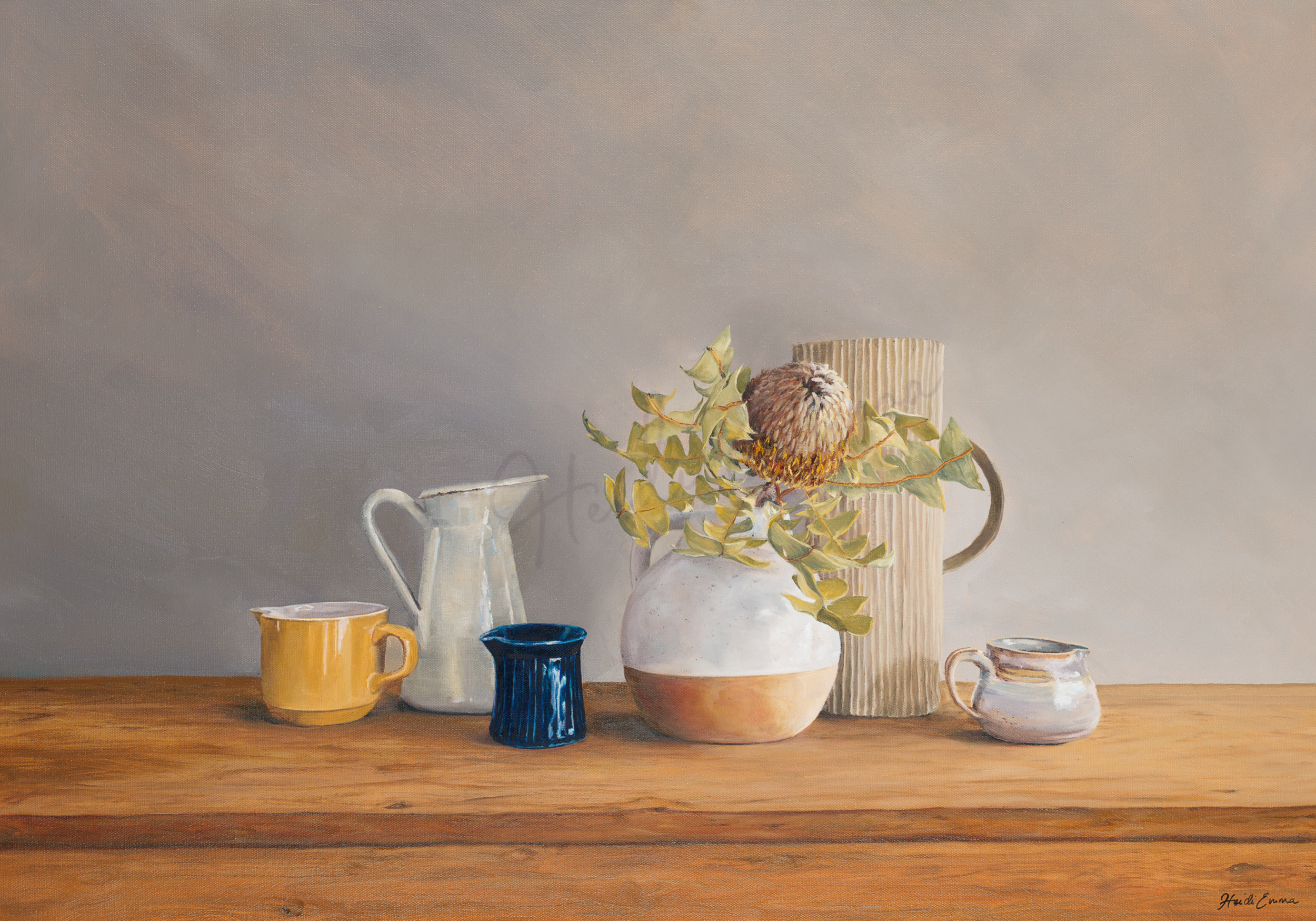 Full image of What Will My Eyes See? painting by Heidi Emma featuring jugs and ceramic vessels with a single Golden banksia flower
