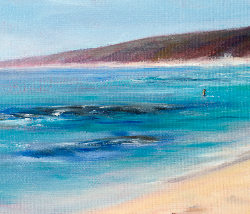 Yallingup Dreaming coastal painting by Heidi Emma featuring turquoise water, sandy beach, footprints and the distant Yallingup headland in Western Australia.