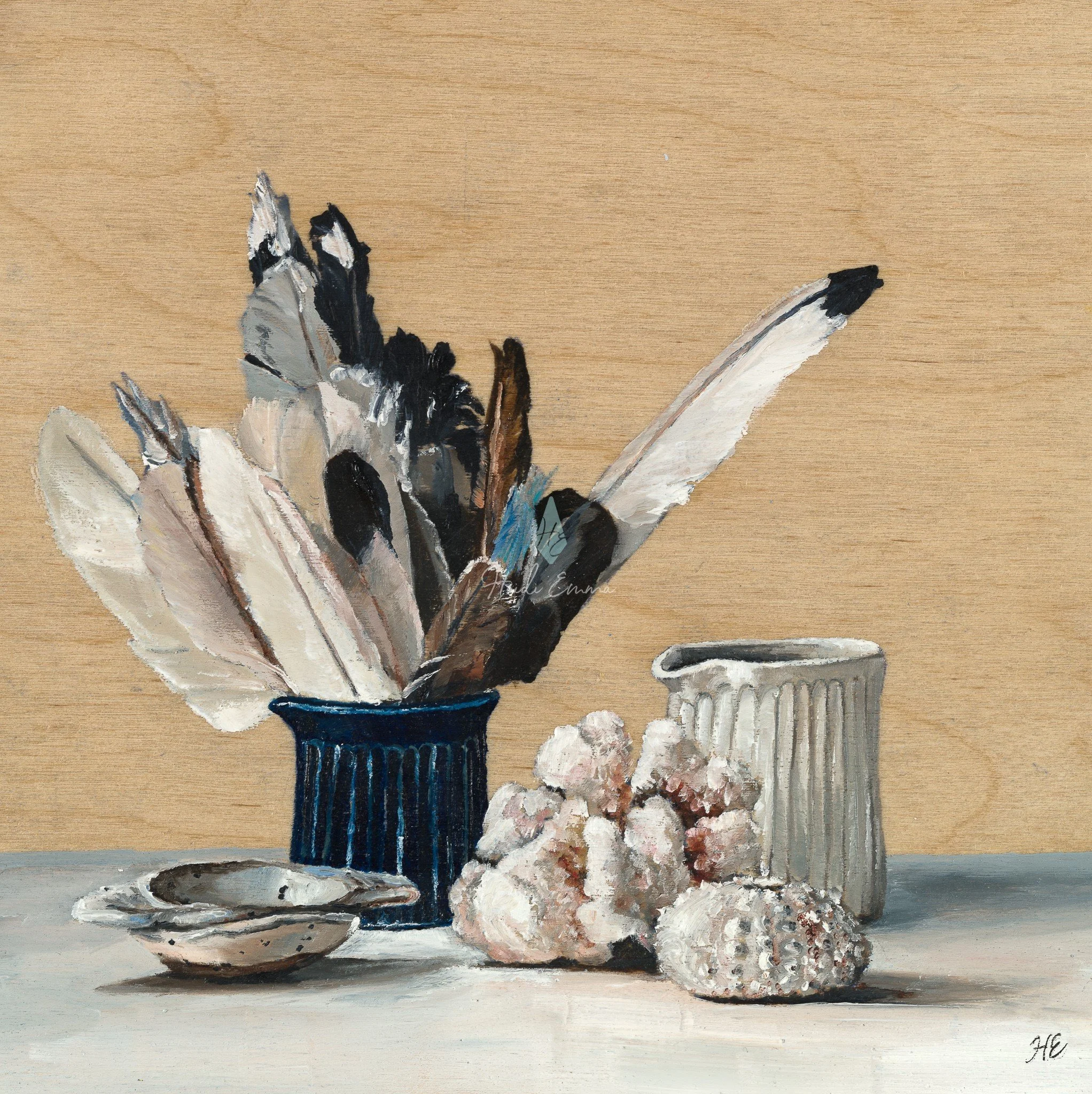 A Few of My Favourite Things fine art print by Heidi Emma featuring collected feathers, ceramic vessels and natural objects against exposed birch wood grain.