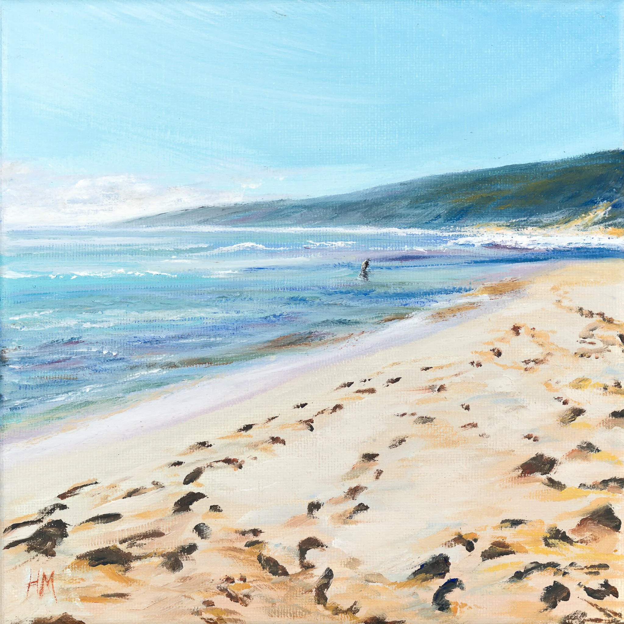 Just a quick dip is a tonal impressionist painting of yallingup beach in the margaret river region and of a person taking a dip on a bright sunny day
