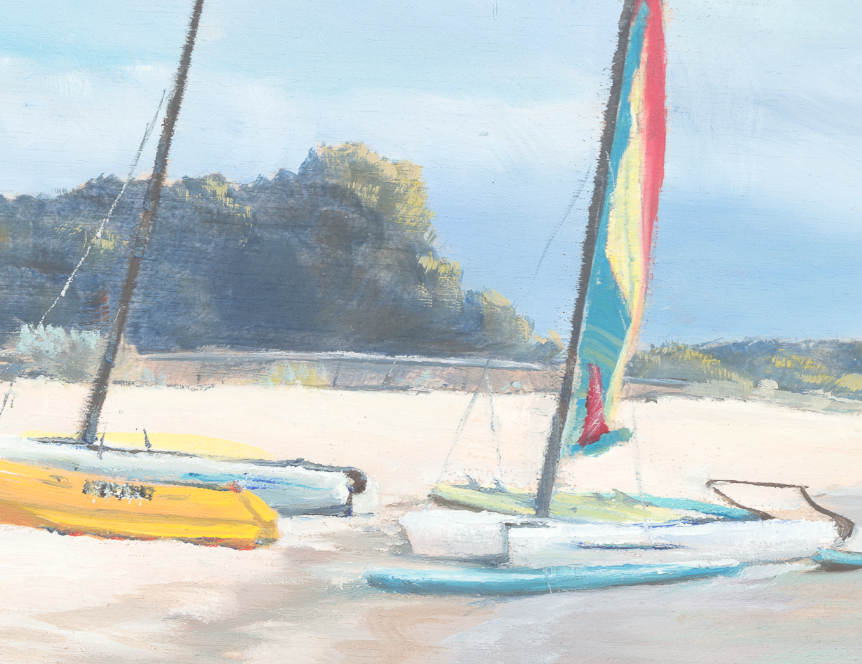 detail of Dunn Bay Morning scene including brushwork to create highlights on the tops of bushes.webp