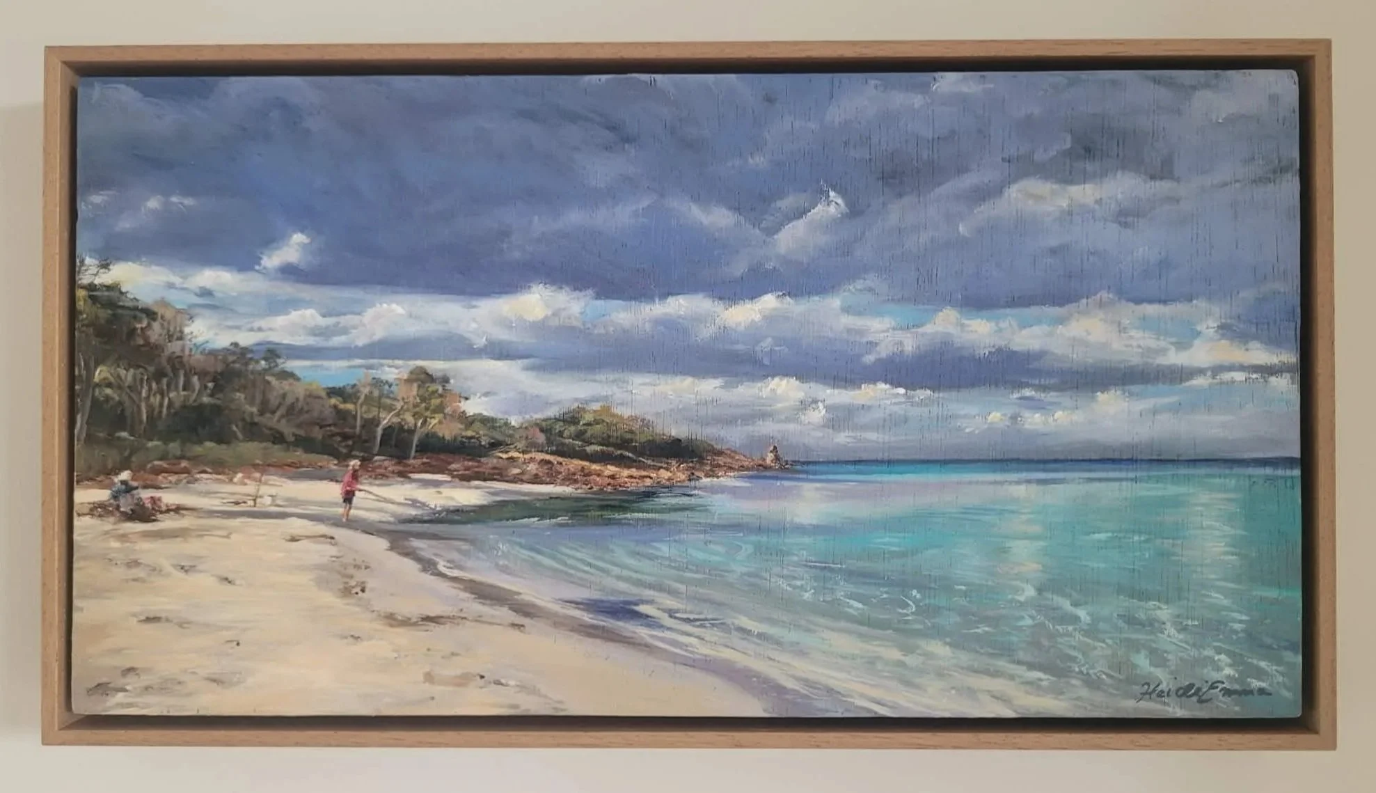Original coastal oil painting by Heidi Emma featuring dramatic storm clouds over turquoise waters and a quiet Western Australian beach.