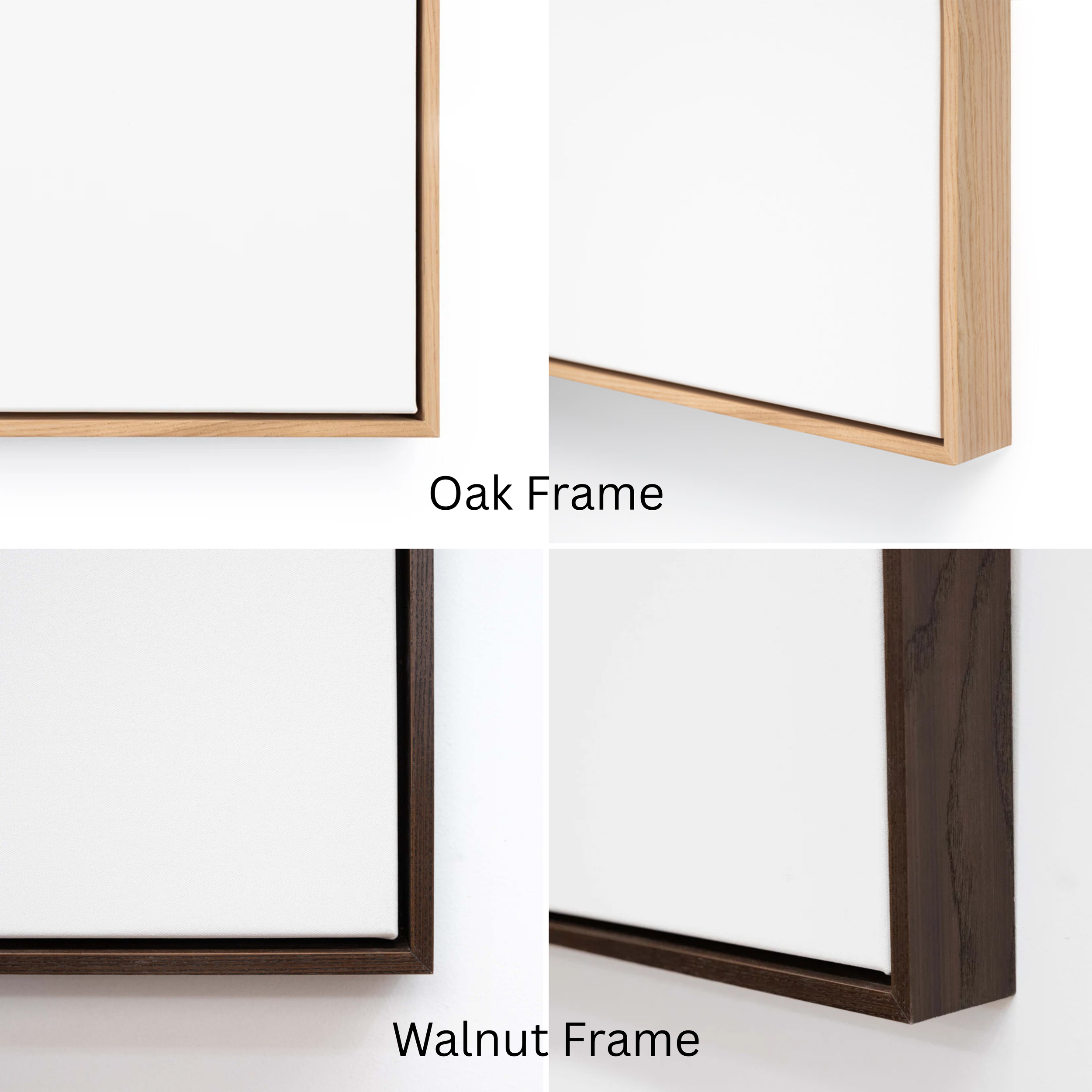 Heidi Emma stretched canvas prints have two options for framing lighter oak  or darker walnut as shown