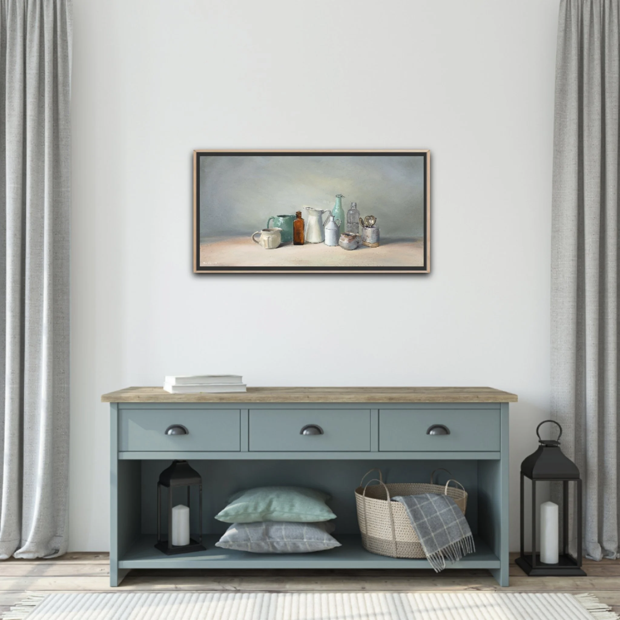 Together is Better by Heidi Emma on a wall above an eggshell blue cabinet