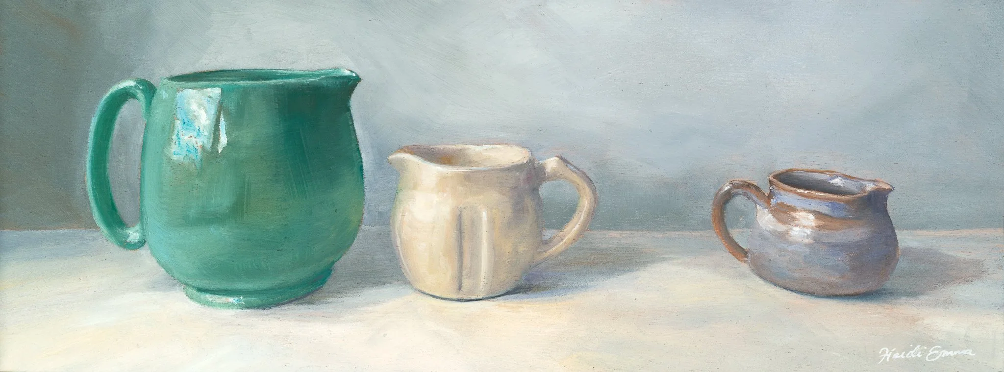 Jug Disagreement fine art print by Heidi Emma featuring three green, cream and earthy ceramic jugs arranged in soft natural light.
