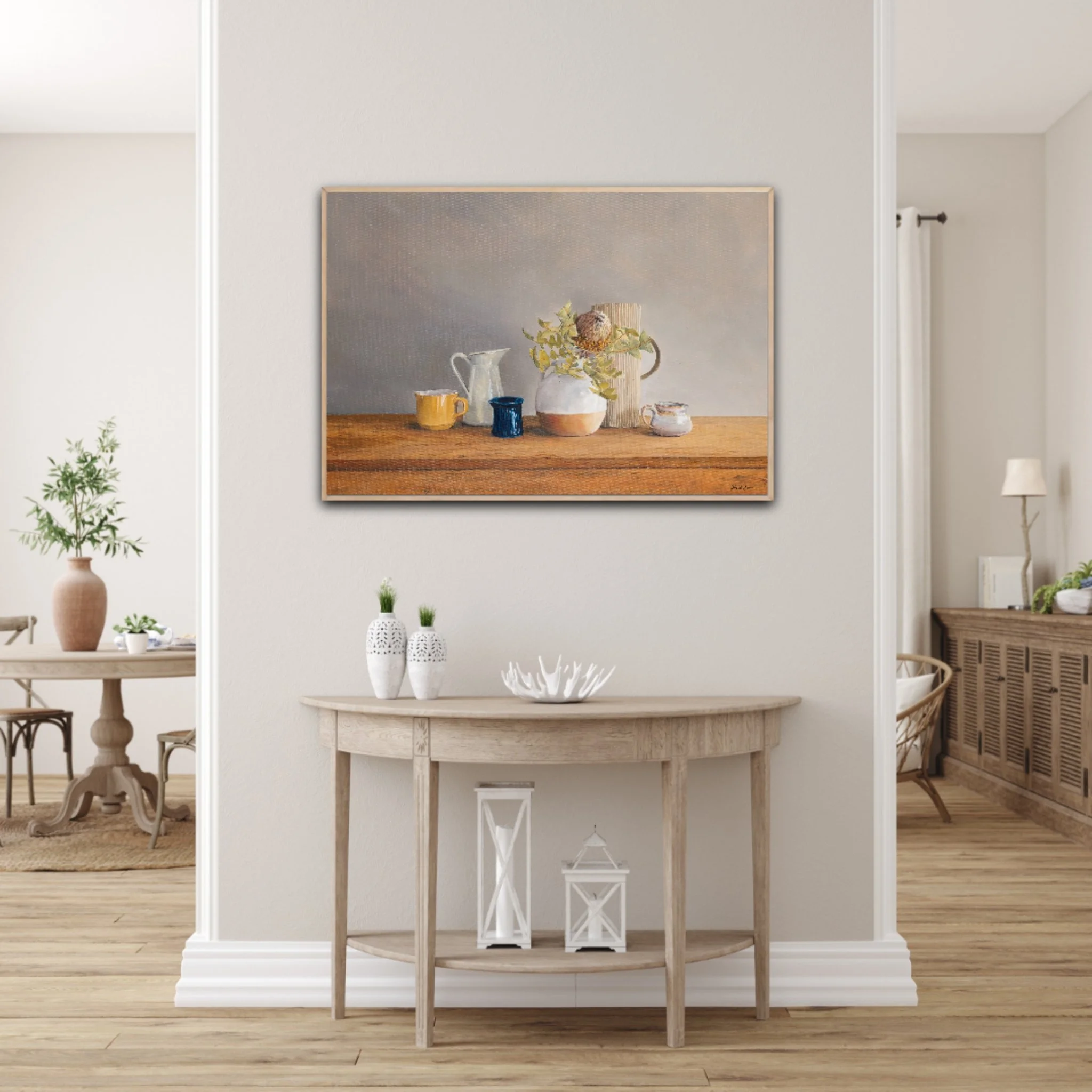 Still life by Heidi Emma called What Will My Eyes See? positioned on a prominent living room wall for a feature