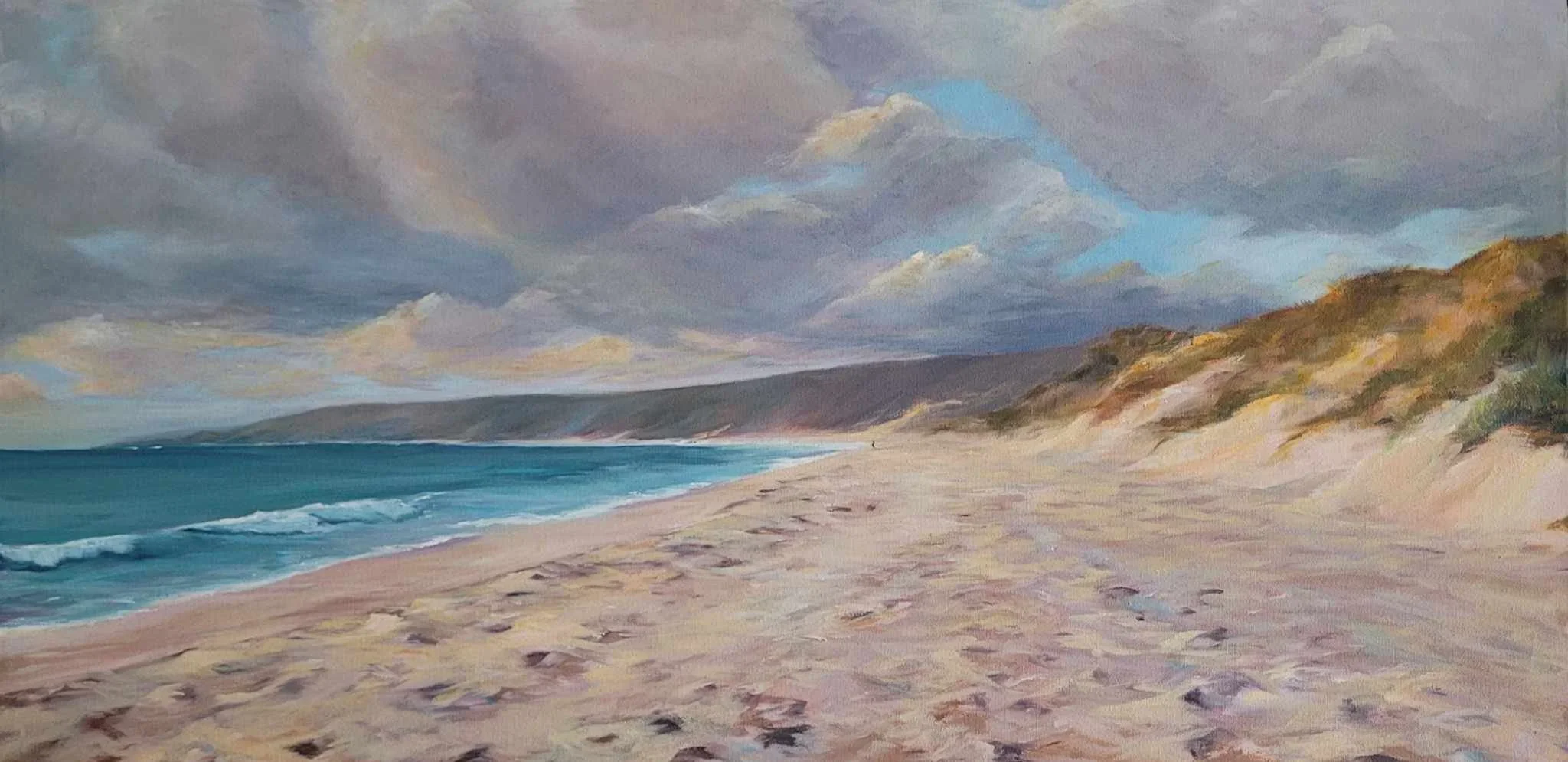 close up detail of person walking on Injidup Beach in painting by Heidi Emma called So Will I.webp