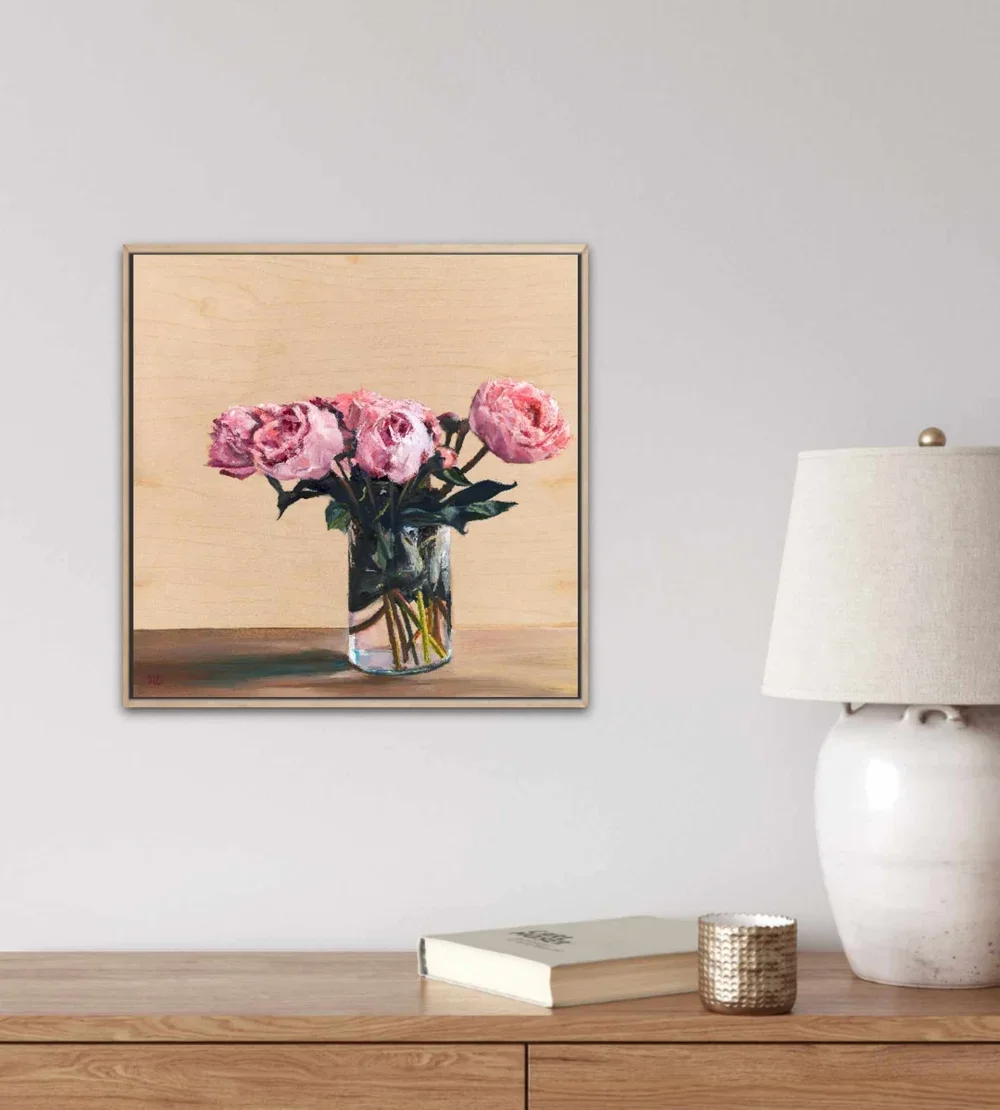 Soft and Bare framed in oak on a neutral wall.