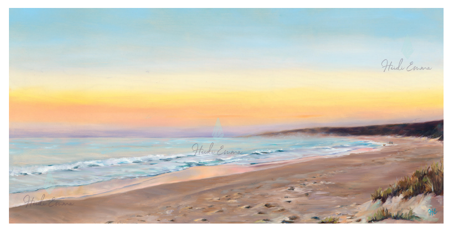 Full image of Beach Walk, Bunker Bay by Heidi Emma which features distant figures of a couple walking their dog in the sunset