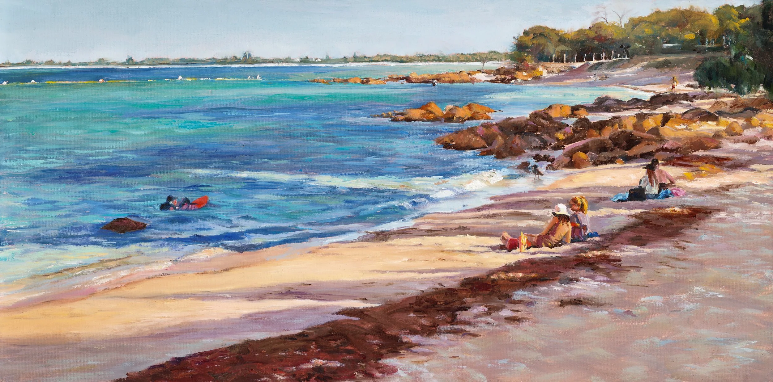 Nothing Else Planned is an original oil painting by Heidi Emma that captures the long shadows of Summer afternoons at the popular Dunsborough Shark Nets in Old dunsborough